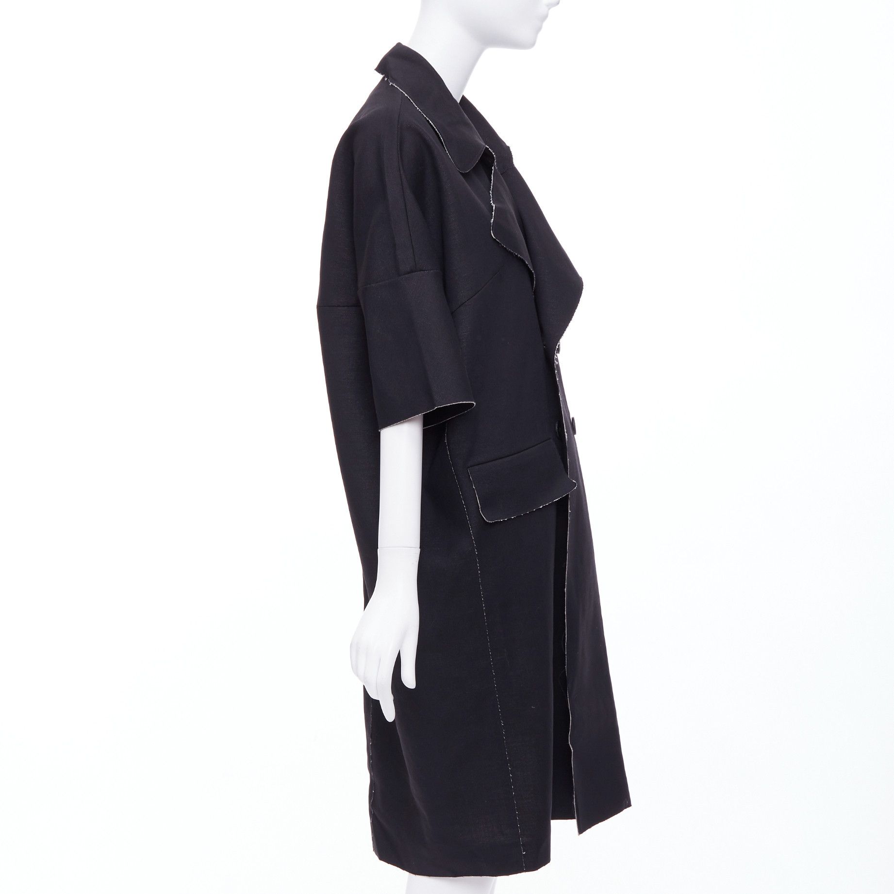 Marni MARNI black wool linen frayed edge double breasted long coat IT38 XS Size XS / US 0-2 / IT 36-38 - 4 Thumbnail