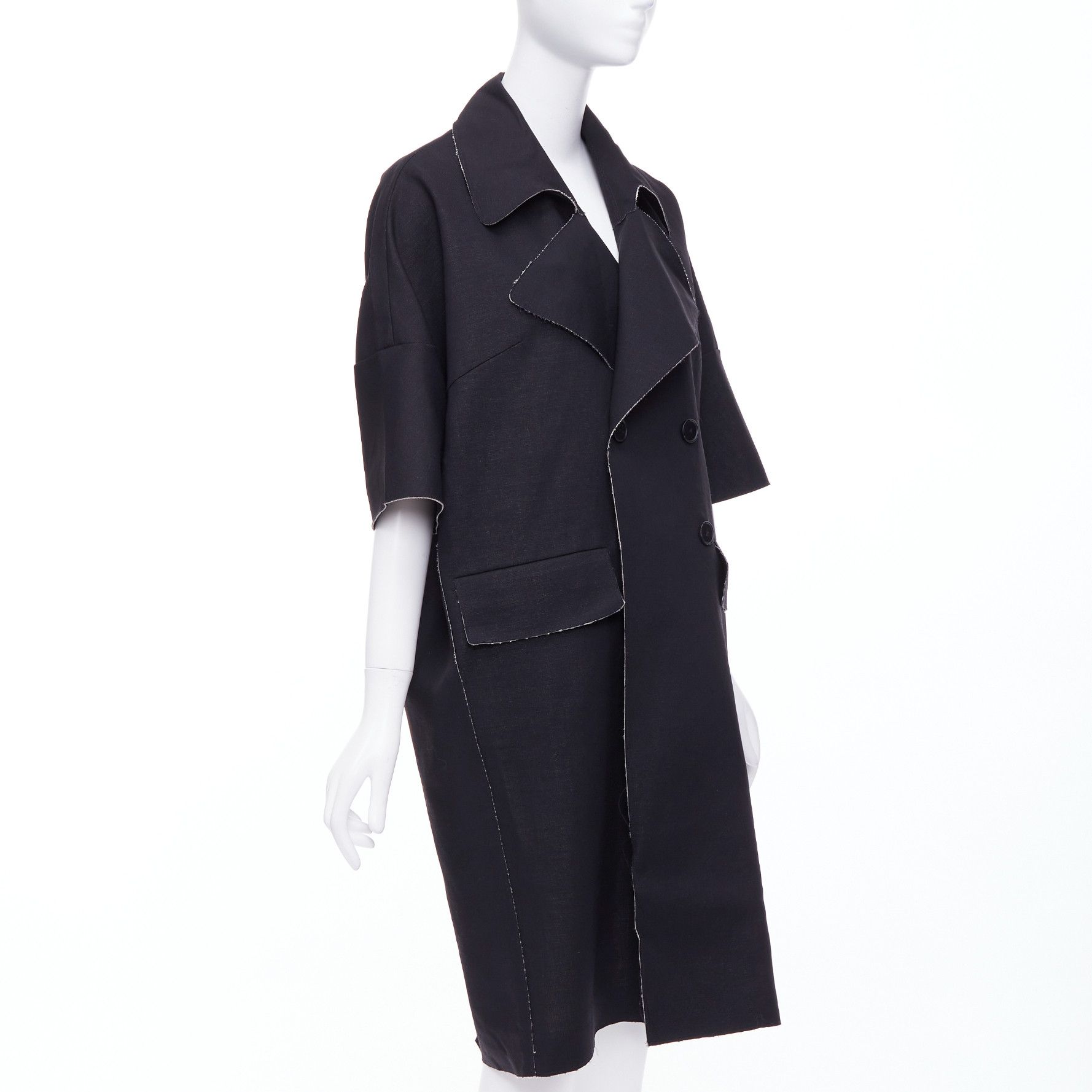 Marni MARNI black wool linen frayed edge double breasted long coat IT38 XS Size XS / US 0-2 / IT 36-38 - 3 Thumbnail