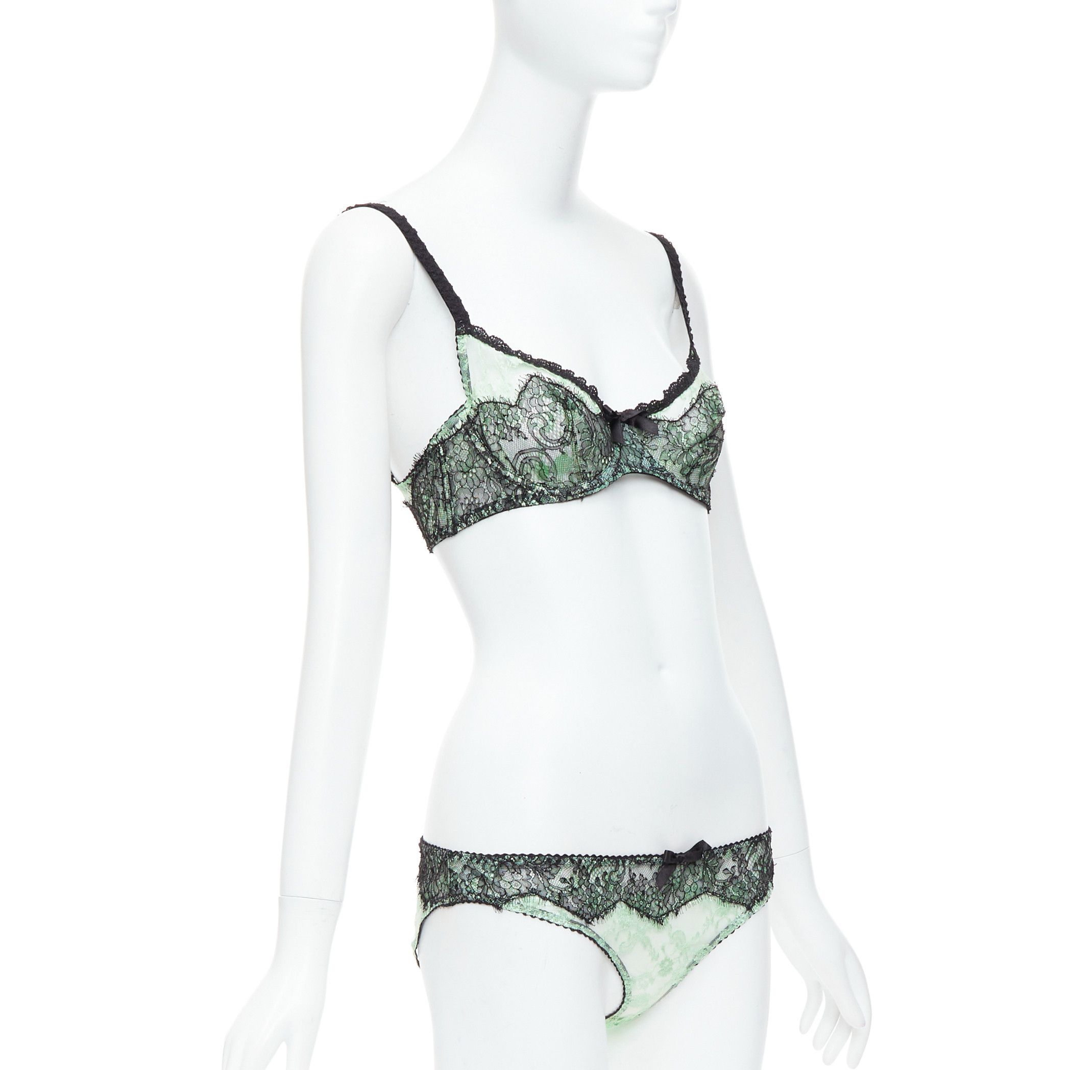 Agent Provocateur AGENT PROVOCATEUR mint green lace black bow bra panty set FR90C Size ONE SIZE - 3 Thumbnail