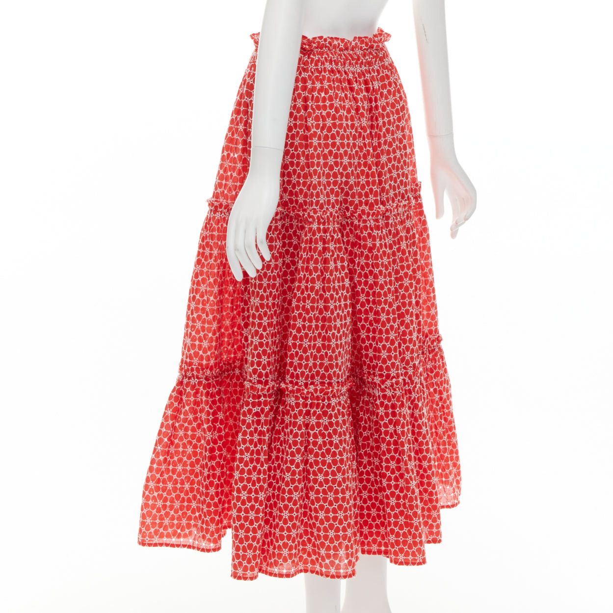 Lisa Marie Fernandez LISA MARIE FERNANDEZ red cotton white embroidery eyelet ruffle tiered midi skirt US2 S Size 28" / US 6 / IT 42 - 6 Thumbnail