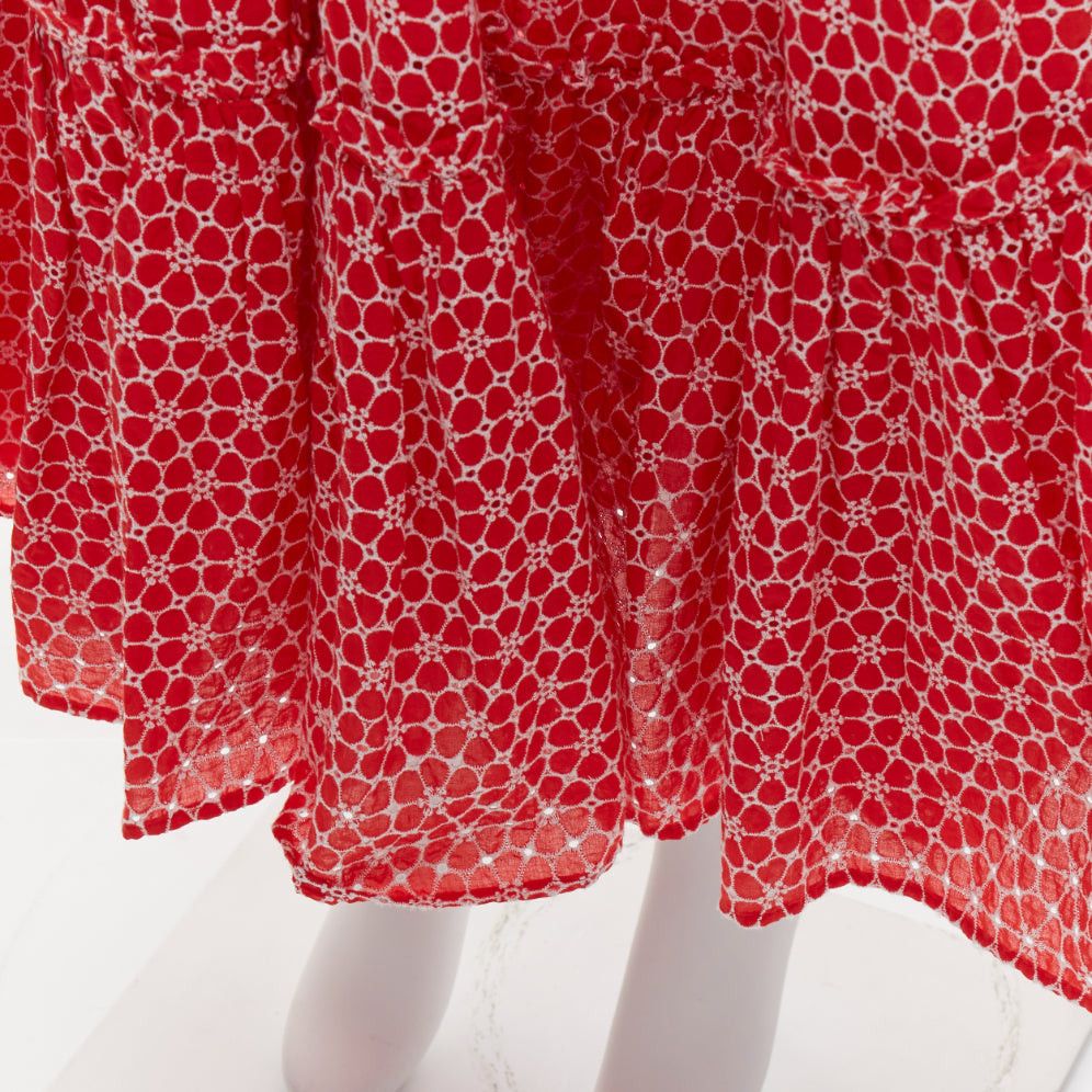 Lisa Marie Fernandez LISA MARIE FERNANDEZ red cotton white embroidery eyelet ruffle tiered midi skirt US2 S Size 28" / US 6 / IT 42 - 7 Thumbnail