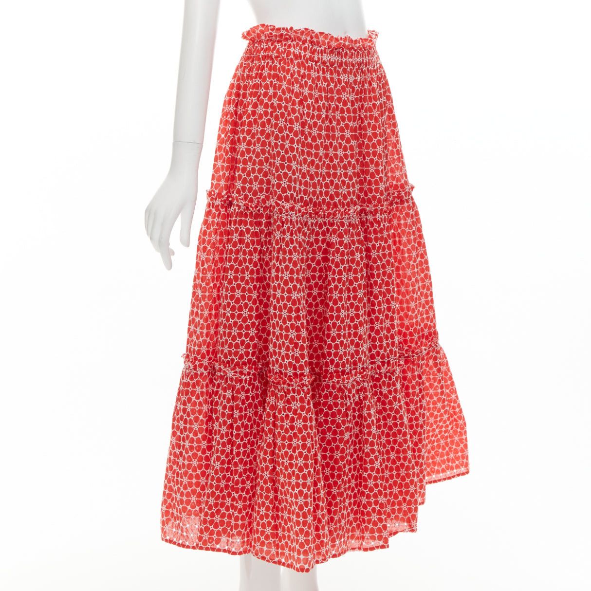 Lisa Marie Fernandez LISA MARIE FERNANDEZ red cotton white embroidery eyelet ruffle tiered midi skirt US2 S Size 28" / US 6 / IT 42 - 3 Thumbnail