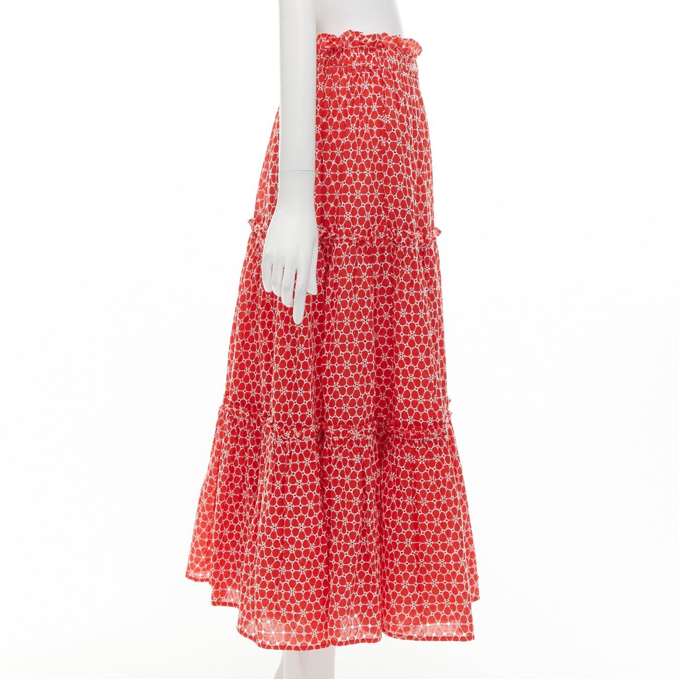 Lisa Marie Fernandez LISA MARIE FERNANDEZ red cotton white embroidery eyelet ruffle tiered midi skirt US2 S Size 28" / US 6 / IT 42 - 4 Thumbnail