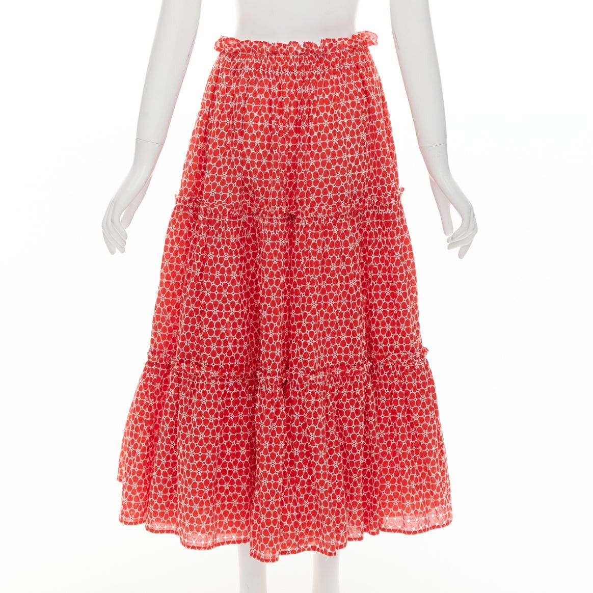 Lisa Marie Fernandez LISA MARIE FERNANDEZ red cotton white embroidery eyelet ruffle tiered midi skirt US2 S Size 28" / US 6 / IT 42 - 5 Thumbnail