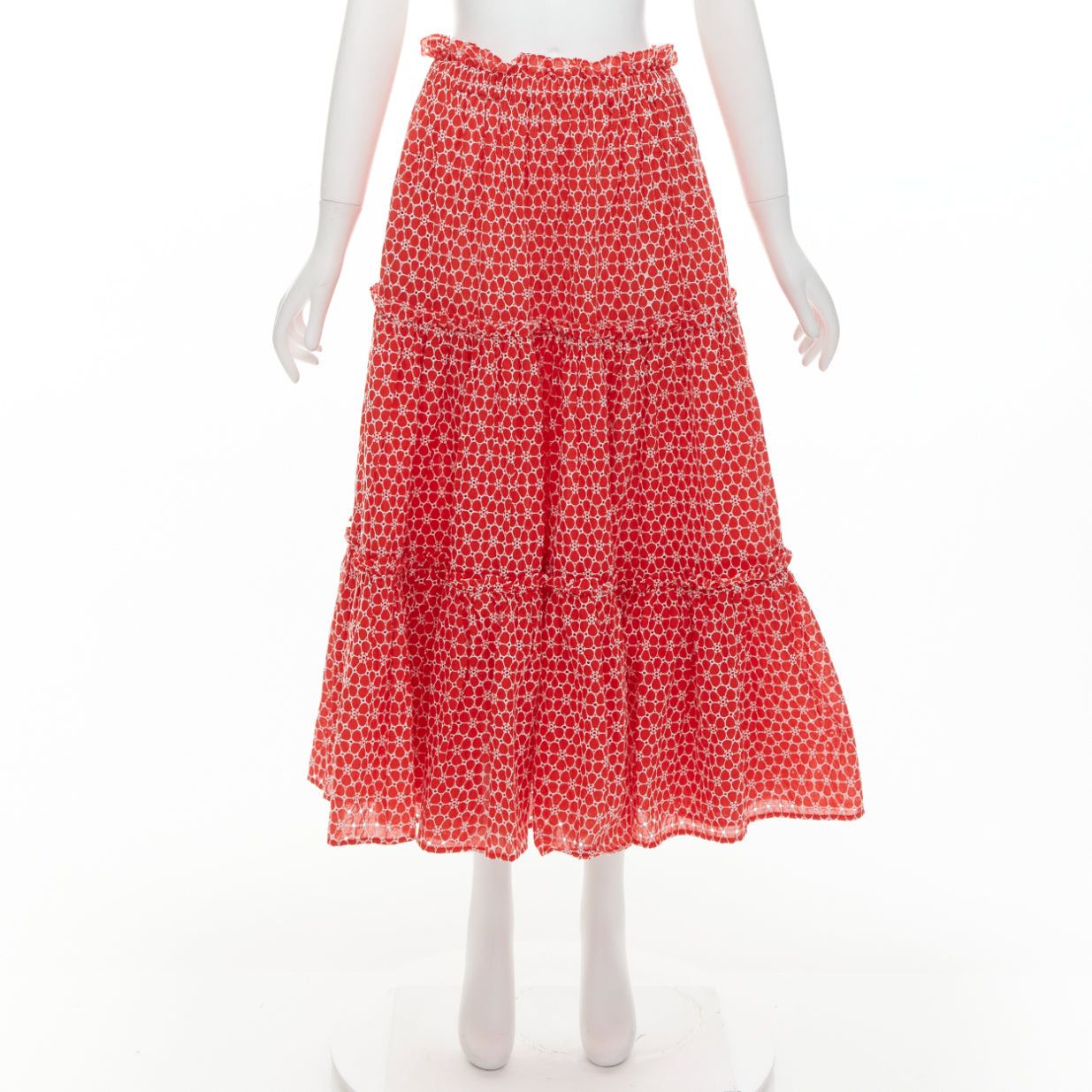 Lisa Marie Fernandez LISA MARIE FERNANDEZ red cotton white embroidery eyelet ruffle tiered midi skirt US2 S Size 28" / US 6 / IT 42 - 9 Thumbnail
