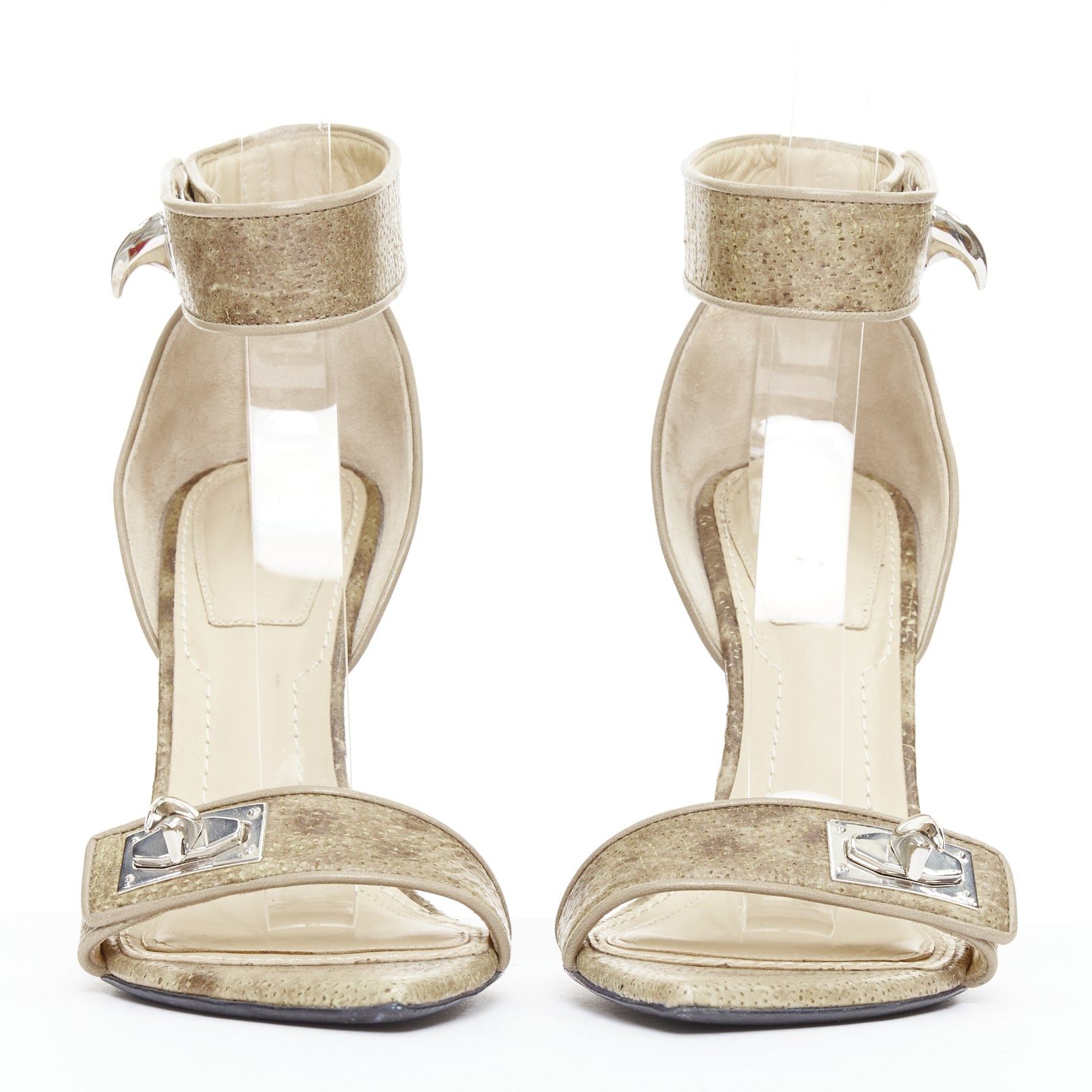Givenchy GIVENCHY Riccardo Tisci khaki leather silver sharktooth turnlock sandals EU38 Size US 8 / IT 38 - 3 Thumbnail