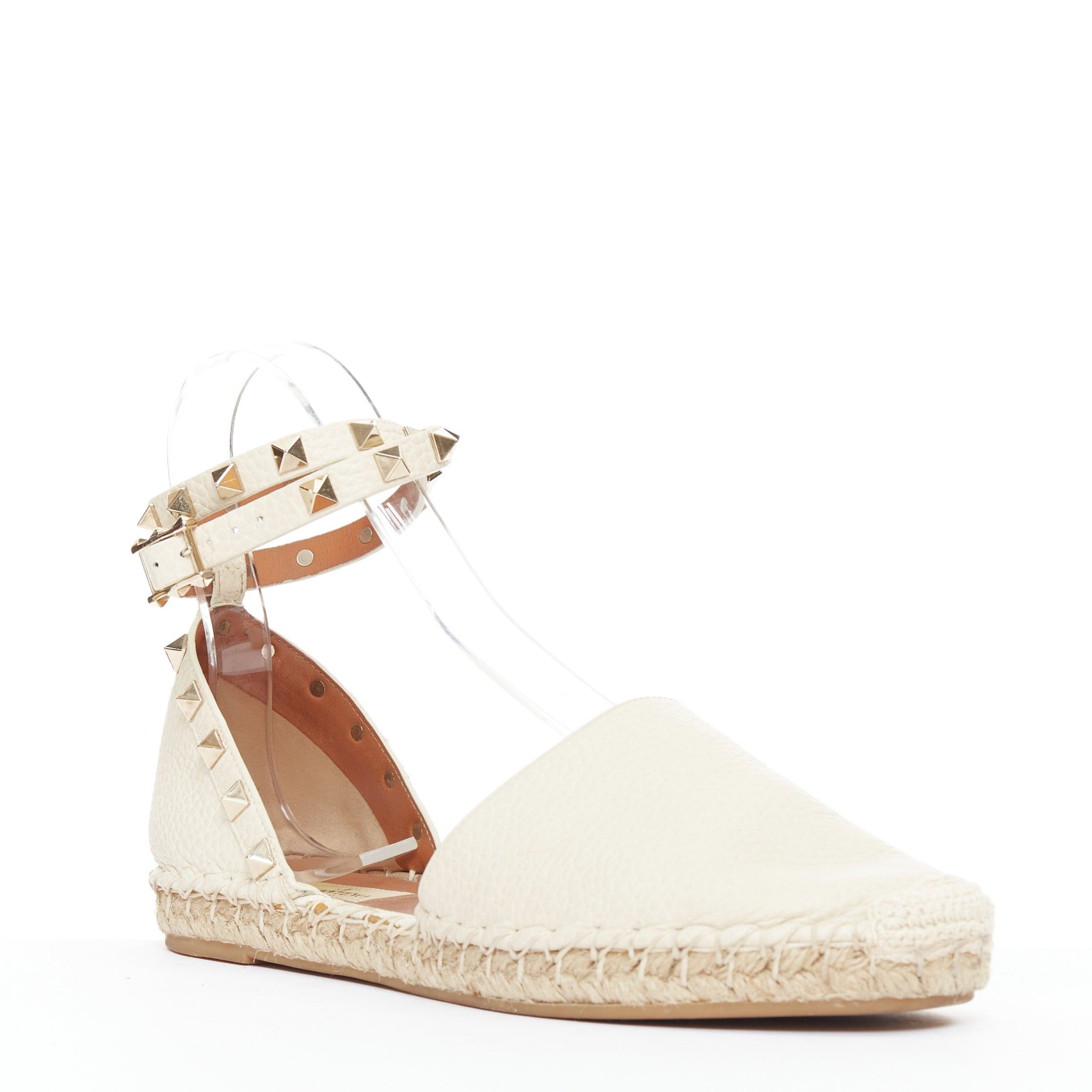 Valentino VALENTINO Rockstud cream leather gold stud double espadrille flats EU37 Size US 7 / IT 37 - 2 Thumbnail