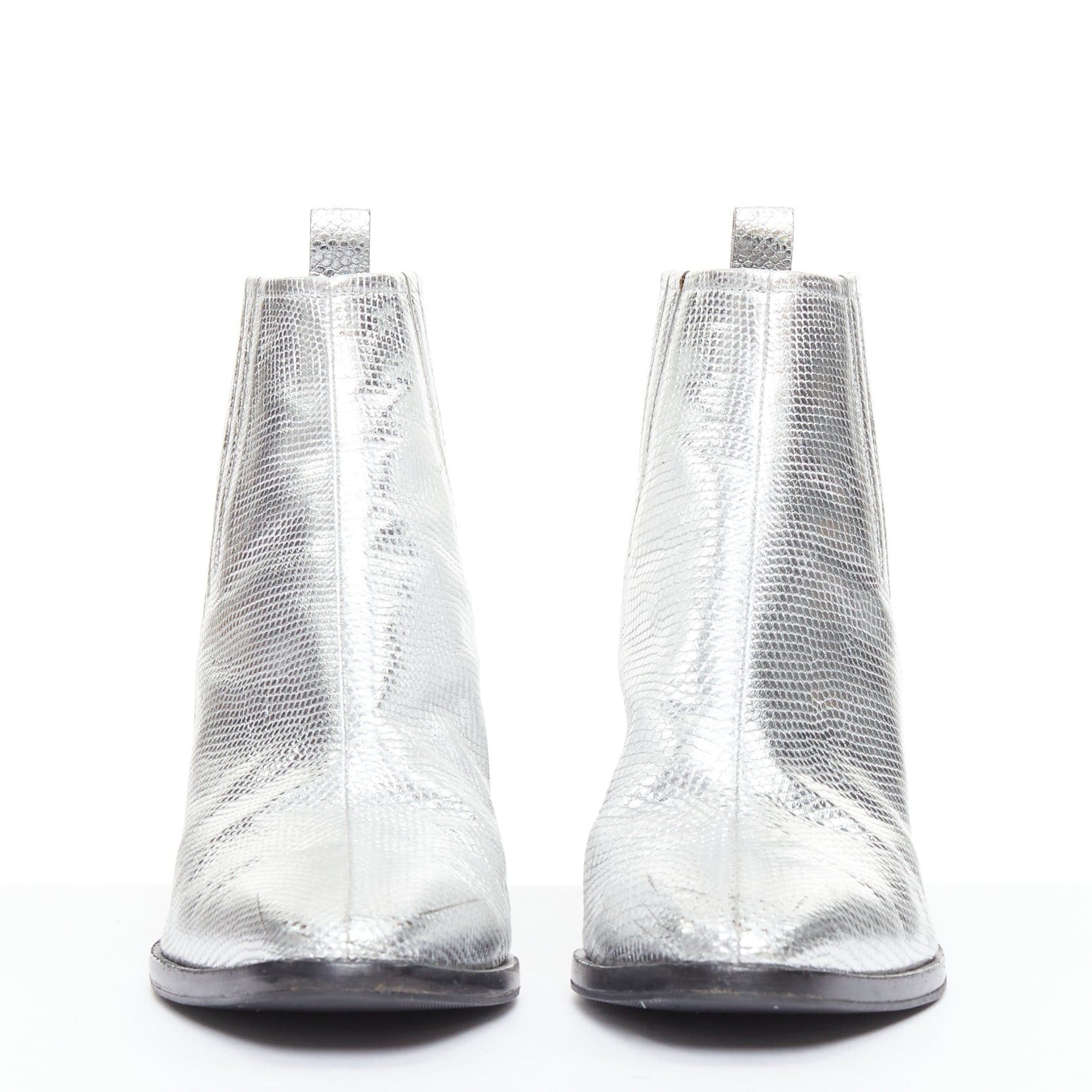 Roger Vivier ROGER VIVIER silver texture leather slanted block heel western booties EU37 Size US 7 / IT 37 - 3 Thumbnail
