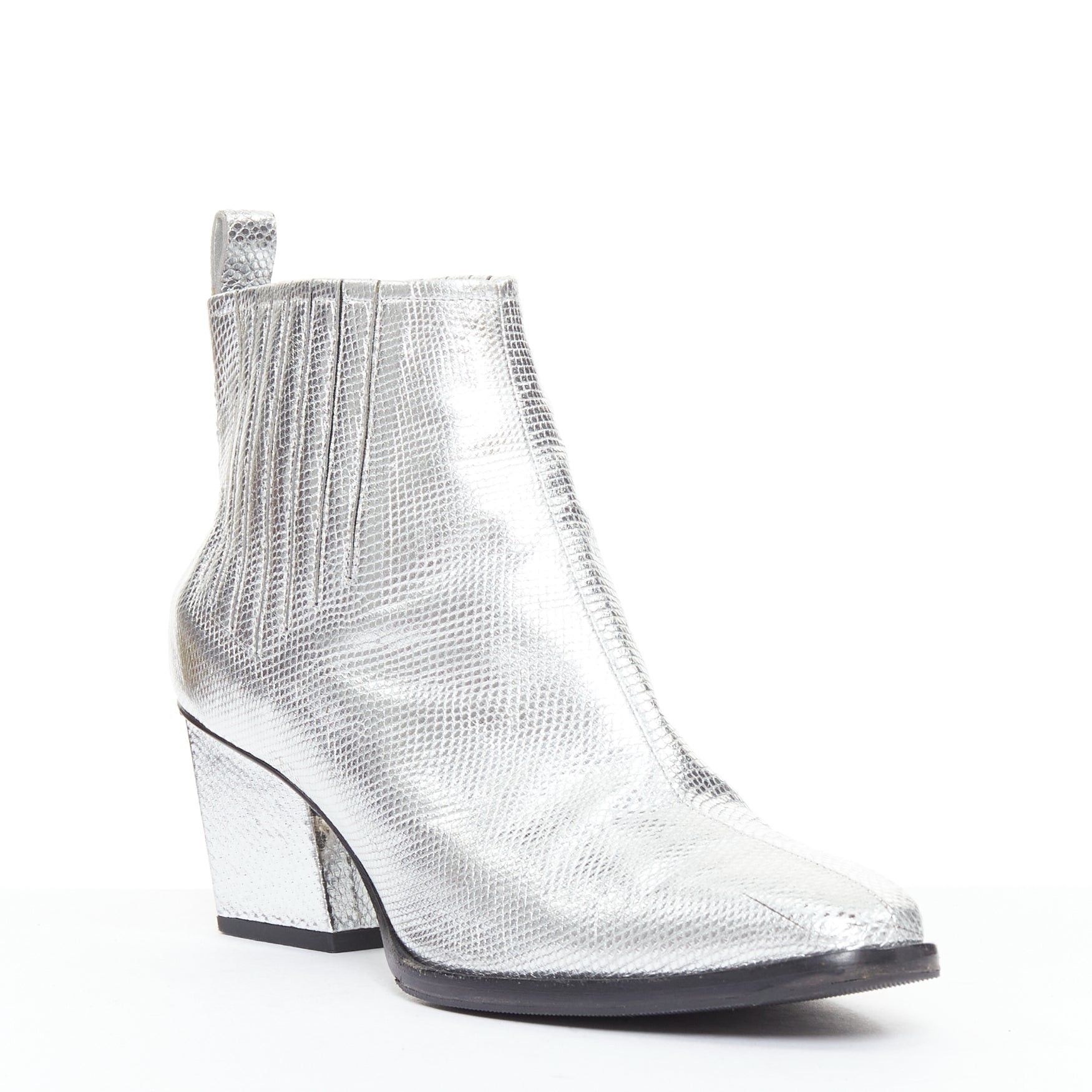 Roger Vivier ROGER VIVIER silver texture leather slanted block heel western booties EU37 Size US 7 / IT 37 - 2 Thumbnail