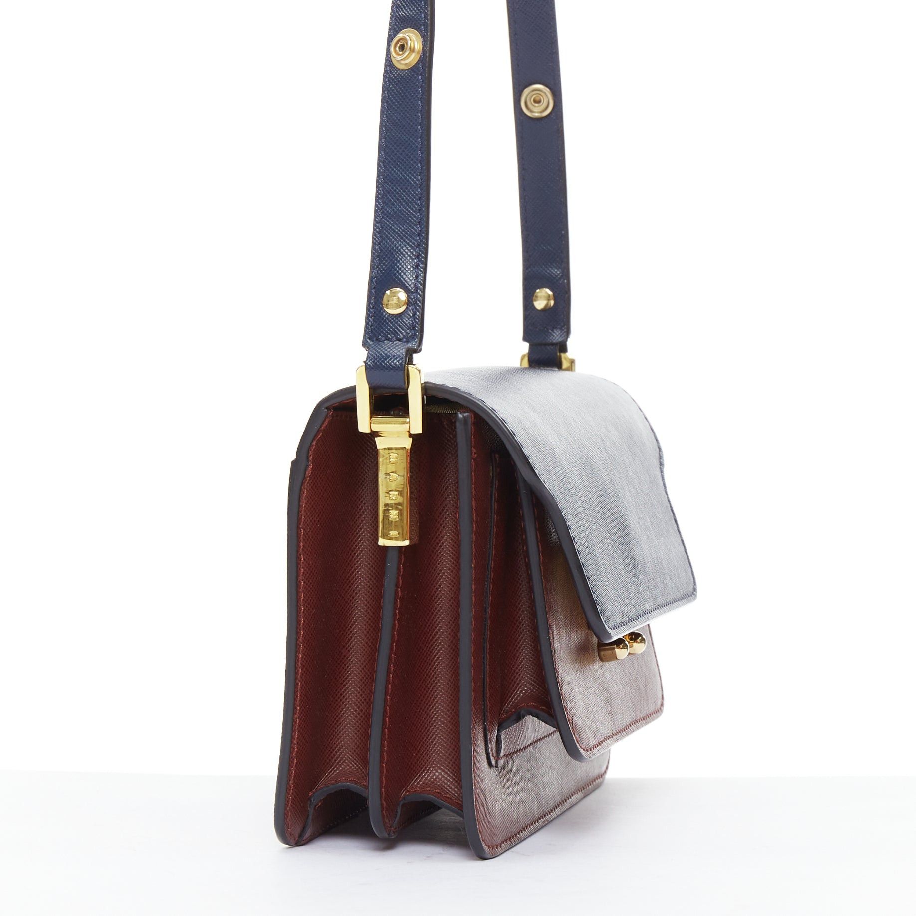 Marni MARNI Trunk navy burgundy textured leather clasp crossbody bag Size ONE SIZE - 4 Thumbnail