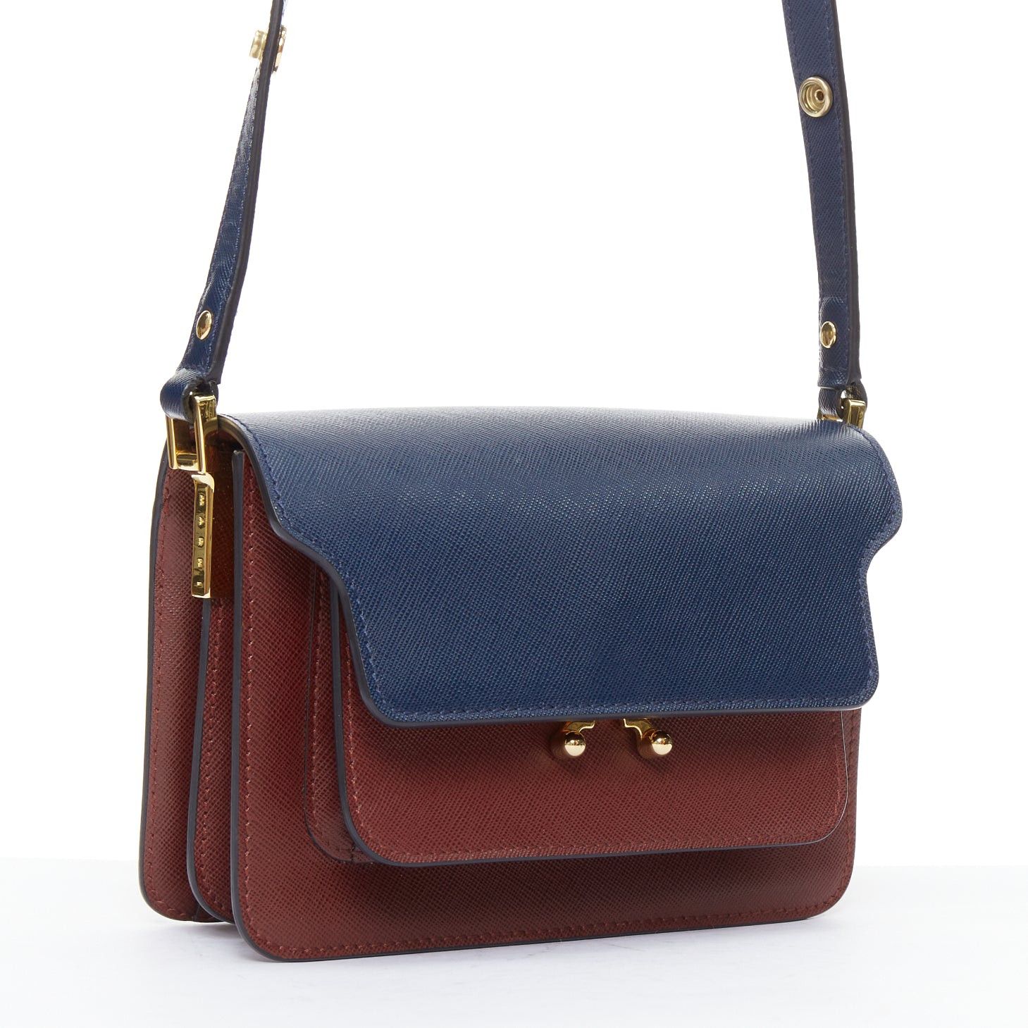 Marni MARNI Trunk navy burgundy textured leather clasp crossbody bag Size ONE SIZE - 3 Thumbnail