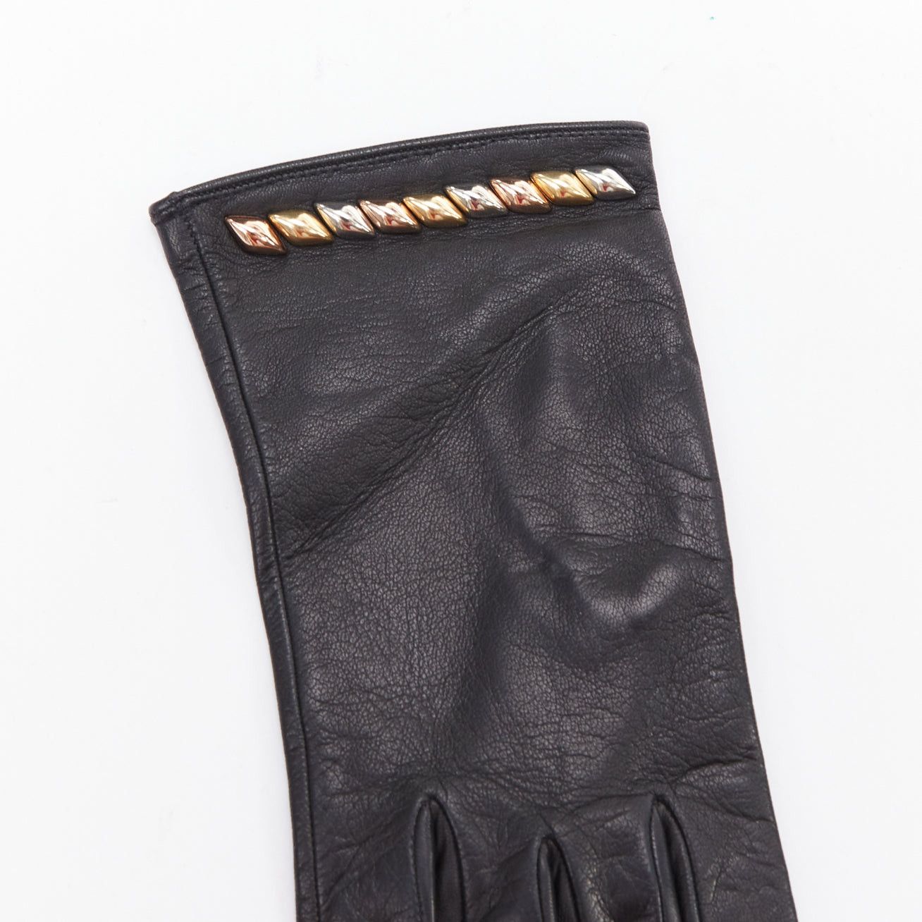 Louis Vuitton LOUIS VUITTON black leather gold silver trapeze stud short gloves Size ONE SIZE - 3 Thumbnail