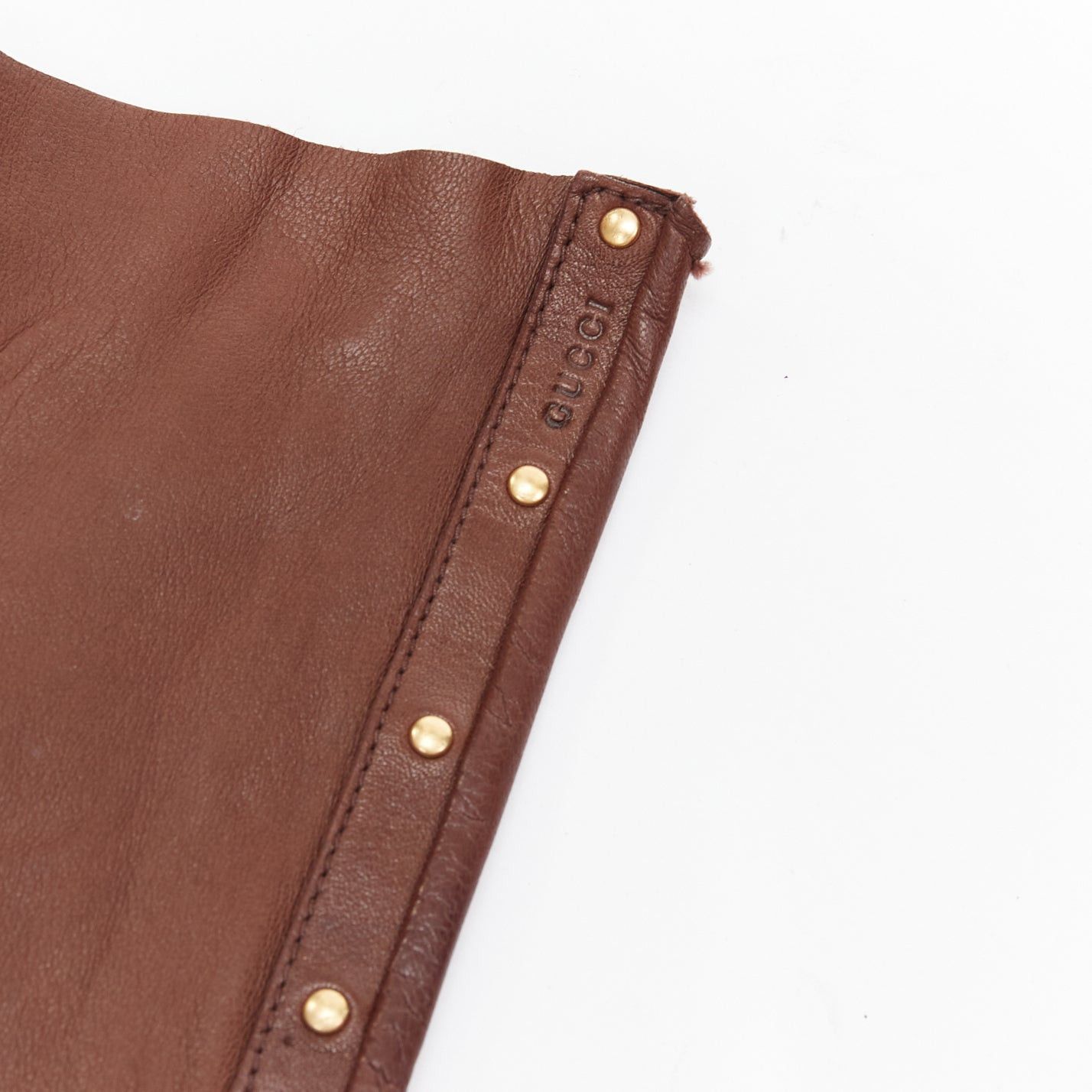 Gucci rare GUCCI Tom Ford Runway Vintage tan brown gold studs leather opera gloves Sz7.5 Size ONE SIZE - 5 Thumbnail