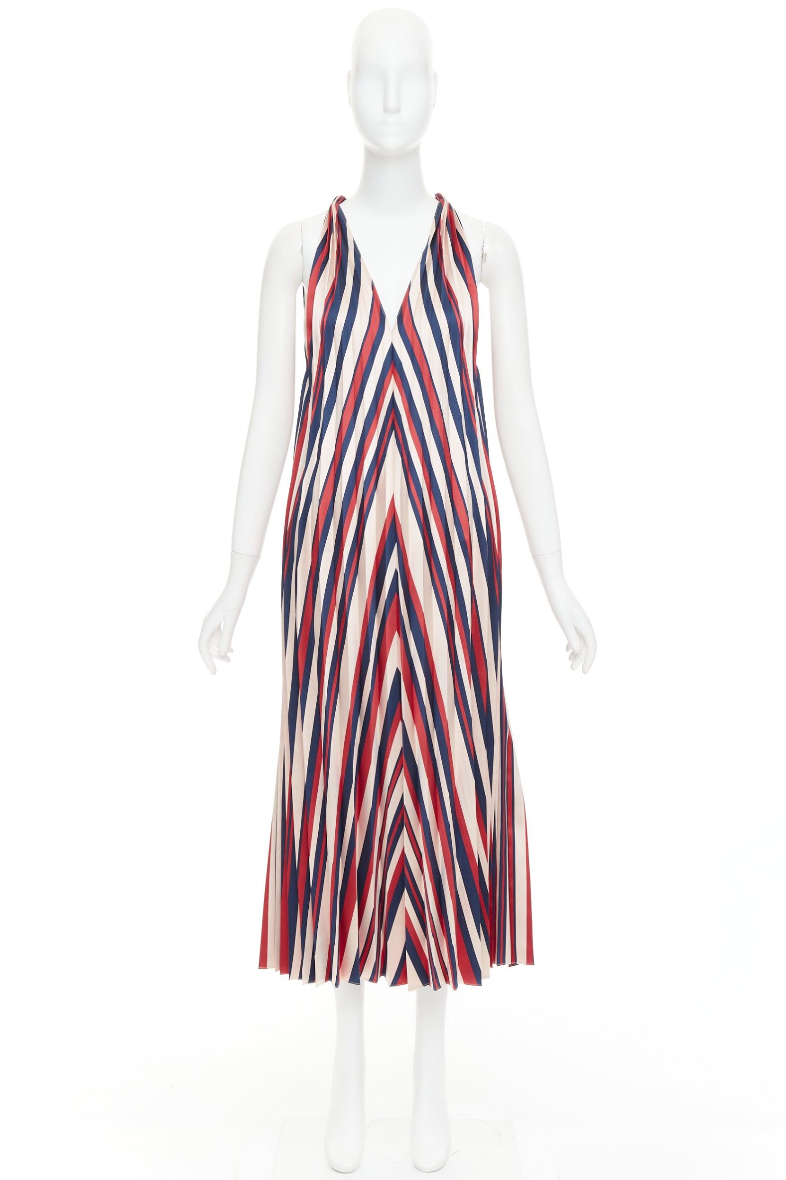 Other TOME beige red navy chevron print pleated V neck black trim midi dress S Size S / US 4 / IT 40 - 9 Thumbnail