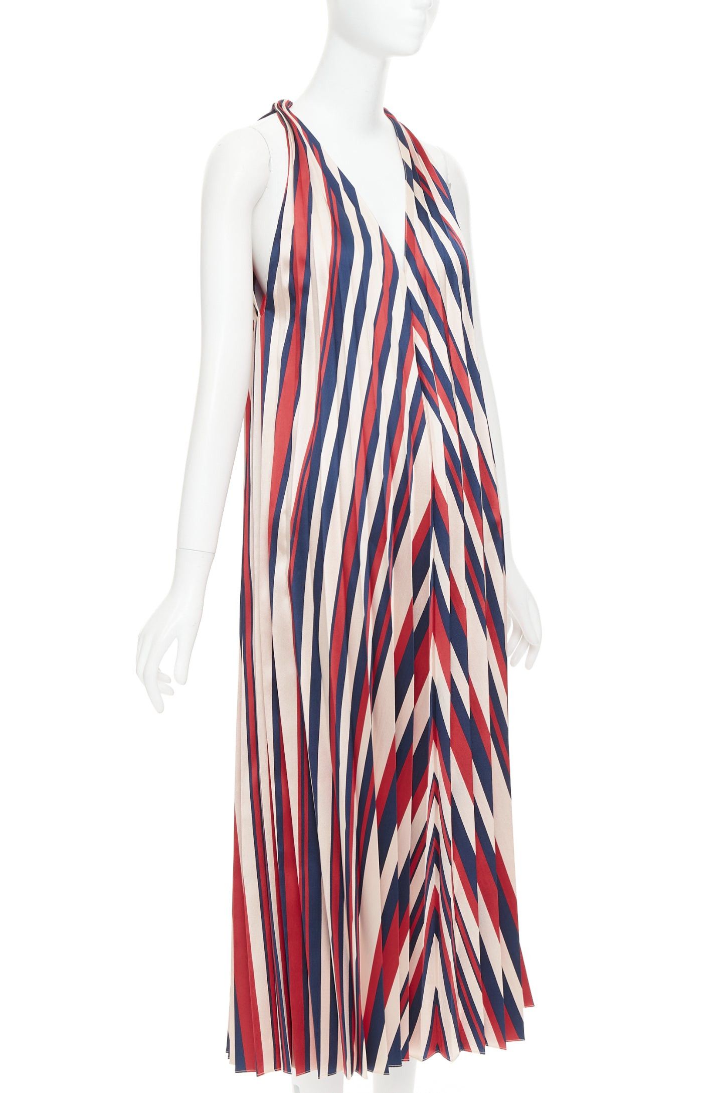 Other TOME beige red navy chevron print pleated V neck black trim midi dress S Size S / US 4 / IT 40 - 3 Thumbnail