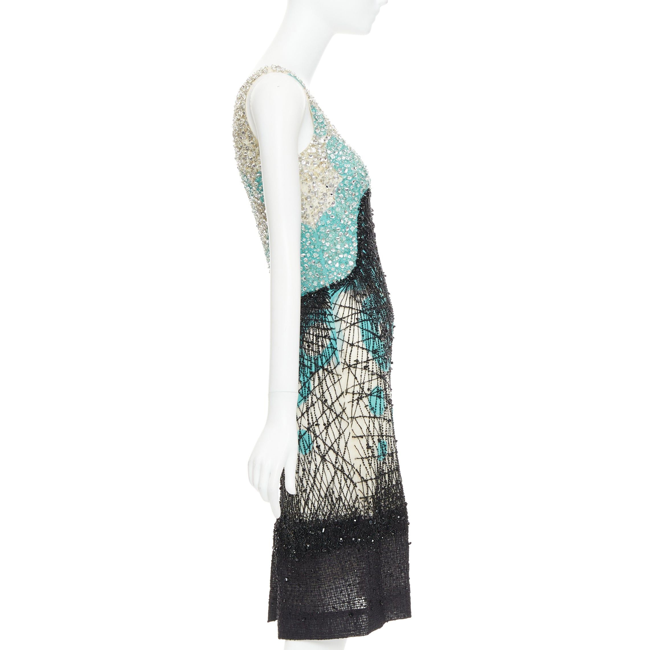 Carolina Herrera CAROLINA HERRERA teal green cream black silk fully beaded crystal dress US2 S Size S / US 4 / IT 40 - 4 Thumbnail