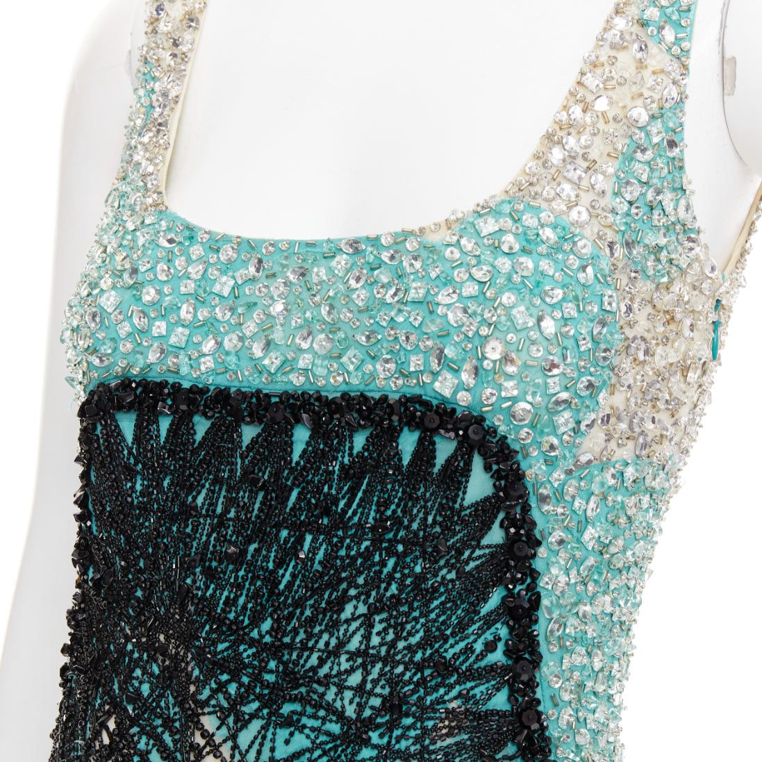 CAROLINA HERRERA teal green cream black silk fully beaded crystal dress US2  S