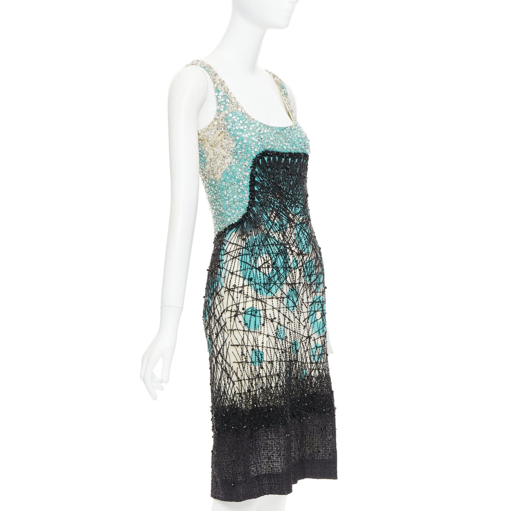 Carolina Herrera CAROLINA HERRERA teal green cream black silk fully beaded crystal dress US2 S Size S / US 4 / IT 40 - 3 Thumbnail