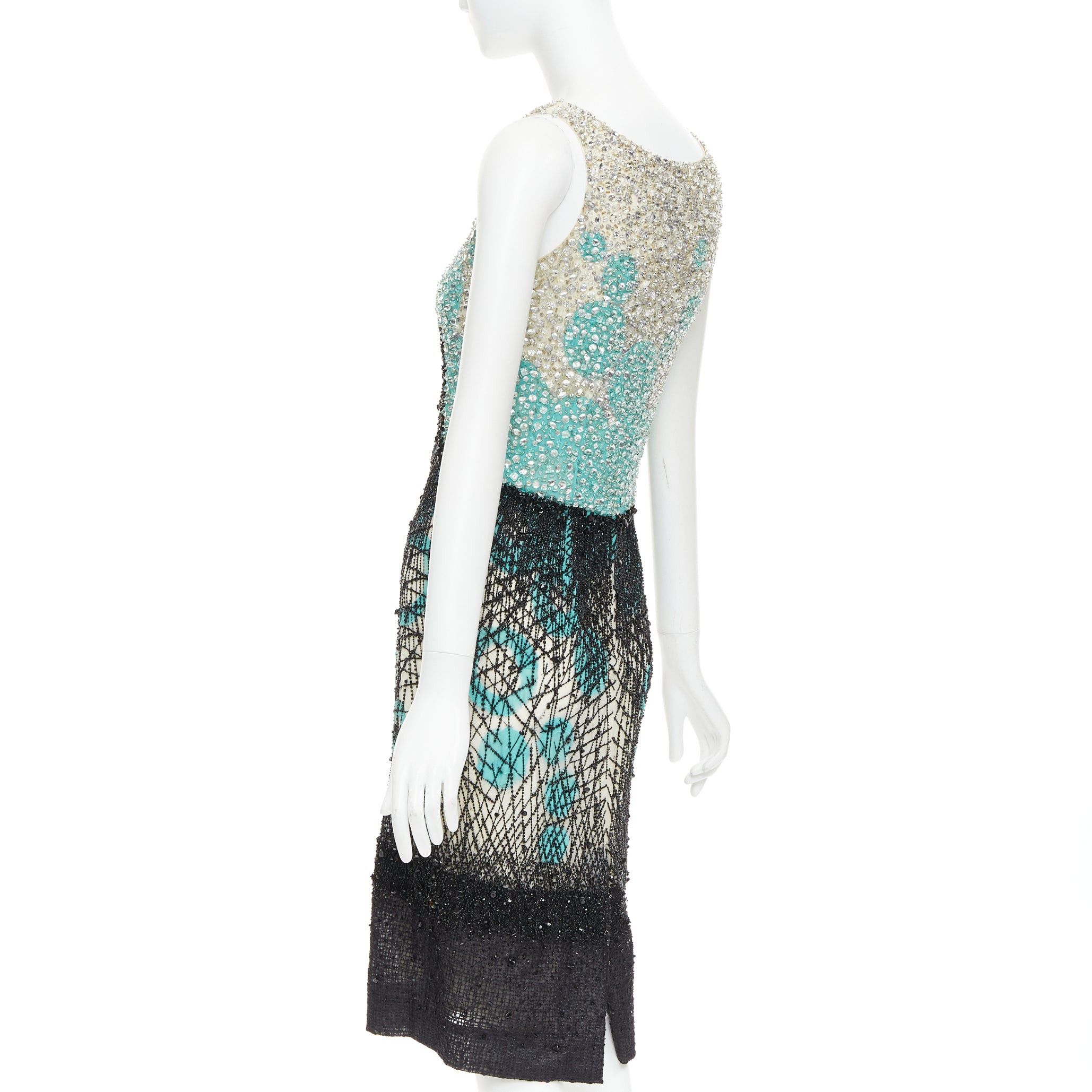 Carolina Herrera CAROLINA HERRERA teal green cream black silk fully beaded crystal dress US2 S Size S / US 4 / IT 40 - 6 Thumbnail