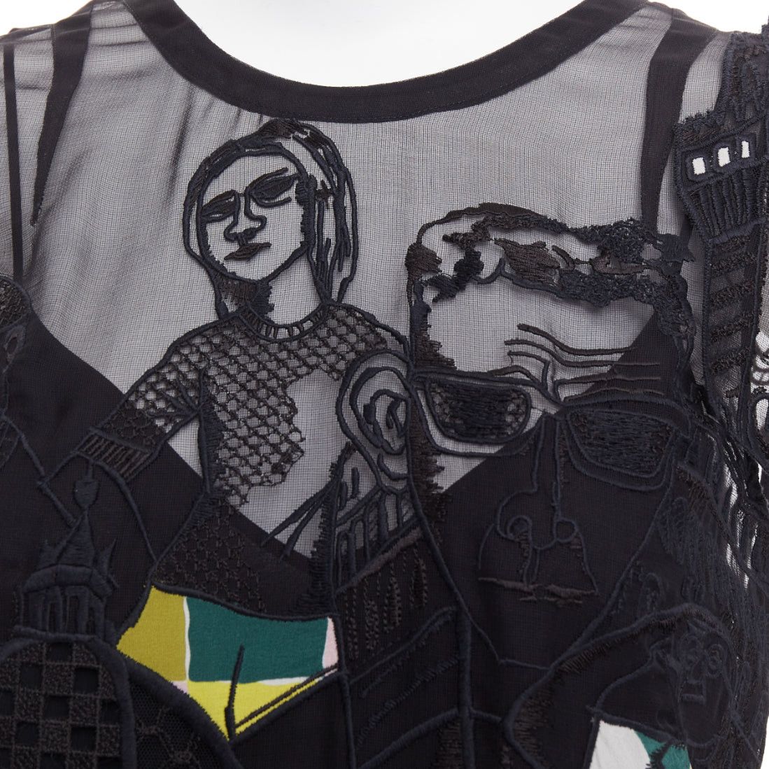 Emilio Pucci EMILIO PUCCI black sheer people embroidered colorful inserts sheer dress IT40 S Size S / US 4 / IT 40 - 2 Thumbnail