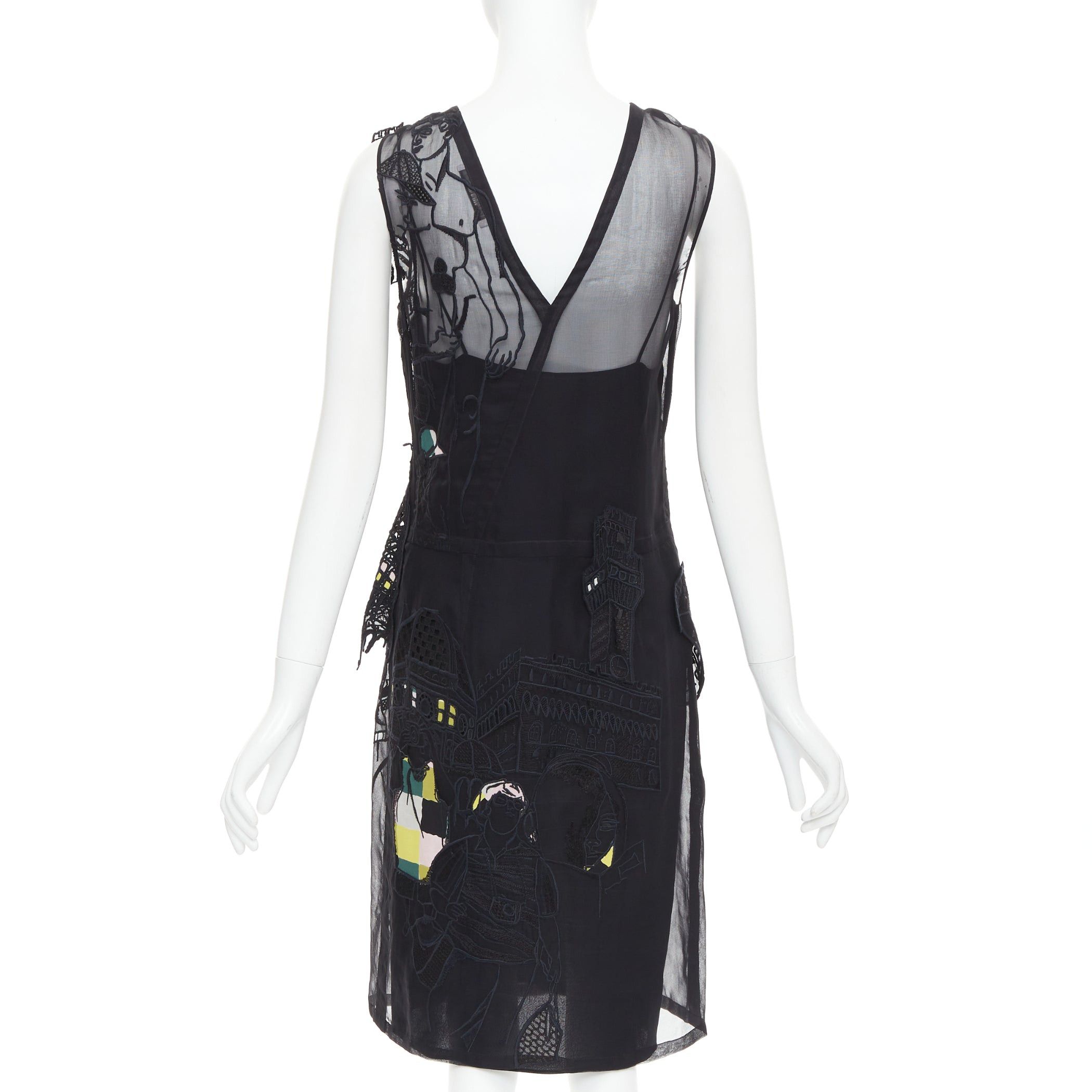 Emilio Pucci EMILIO PUCCI black sheer people embroidered colorful inserts sheer dress IT40 S Size S / US 4 / IT 40 - 5 Thumbnail