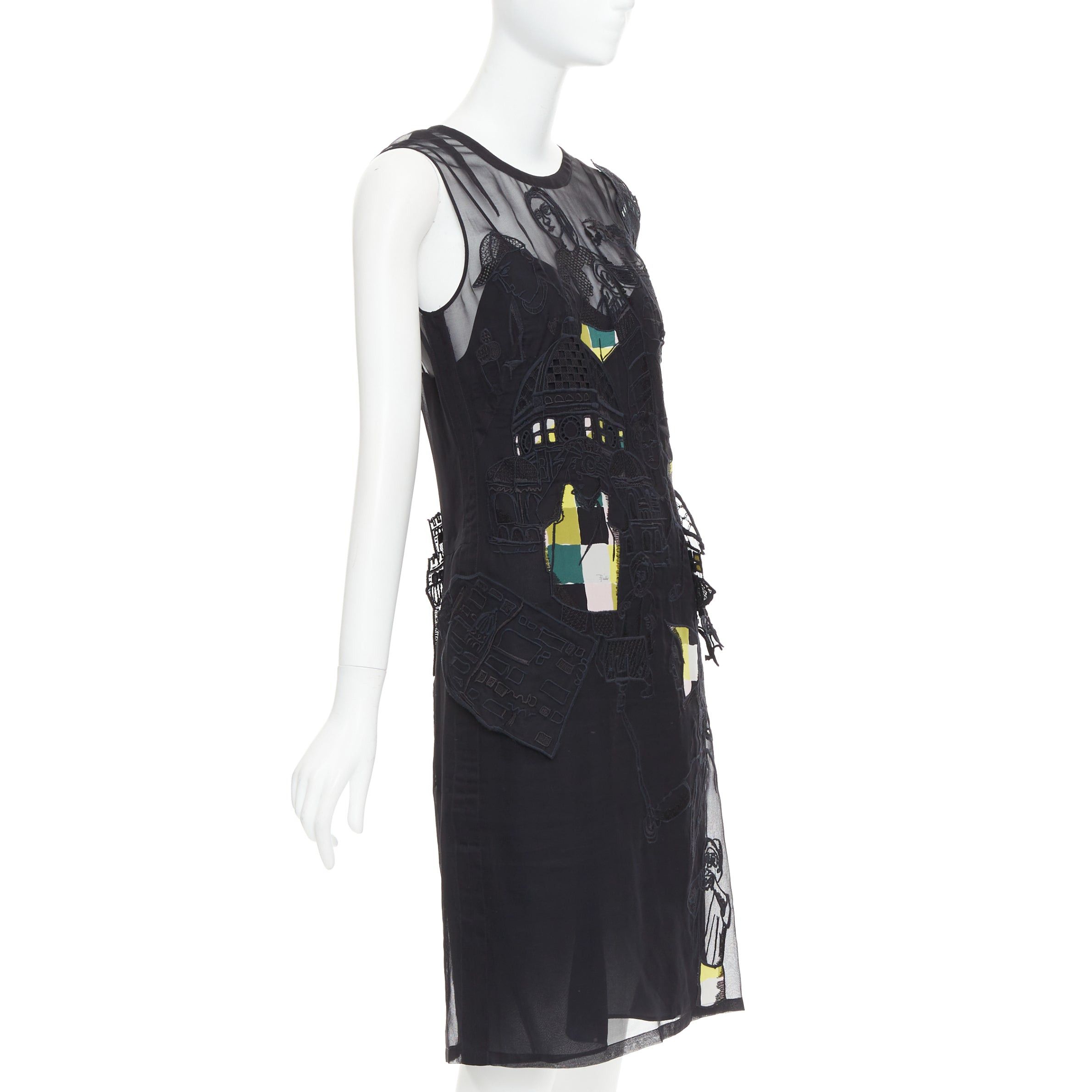 Emilio Pucci EMILIO PUCCI black sheer people embroidered colorful inserts sheer dress IT40 S Size S / US 4 / IT 40 - 3 Thumbnail