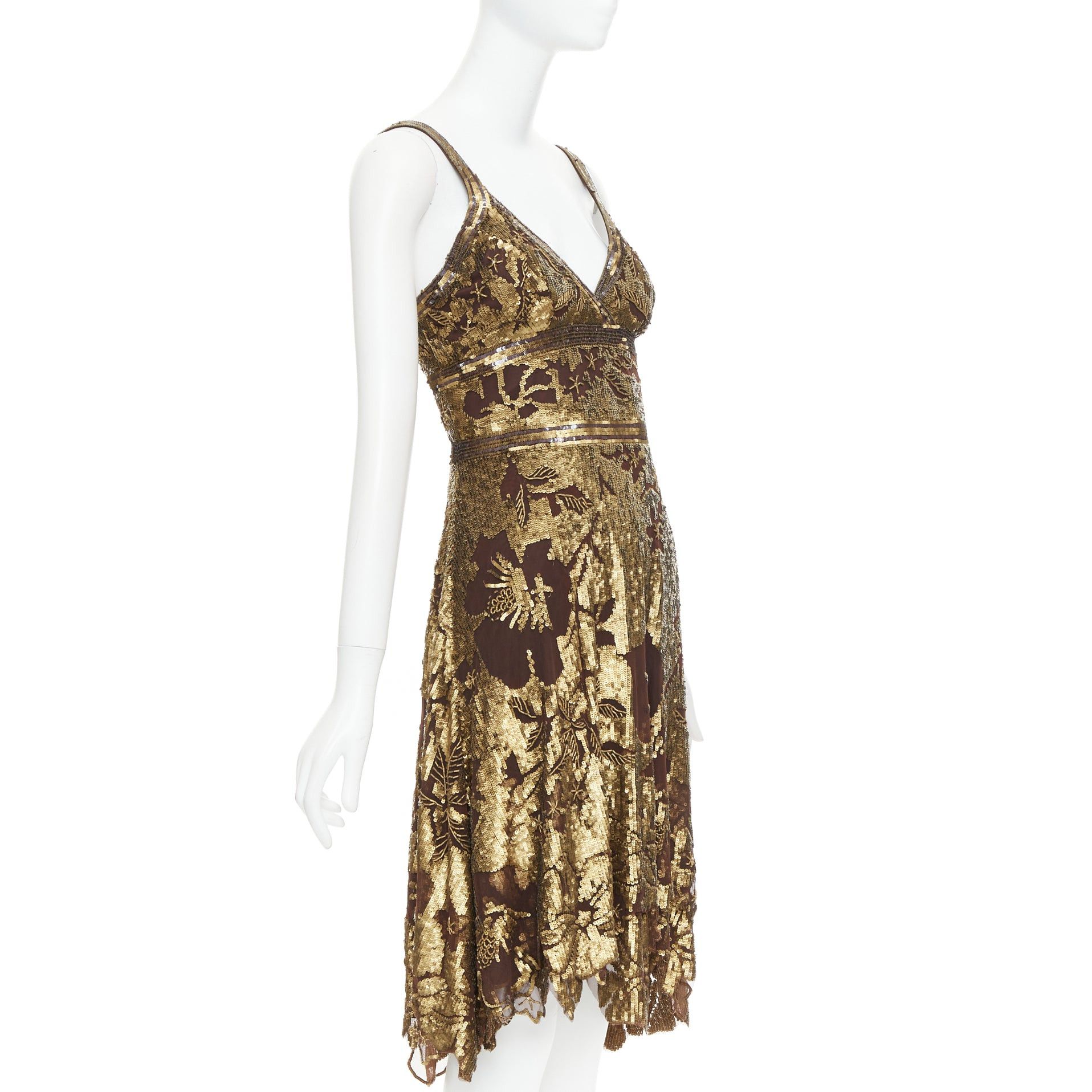Other WUNDERKIND bronze gold brown 100% silk floral sequin handkerchief dress US2 S Size S / US 4 / IT 40 - 3 Thumbnail