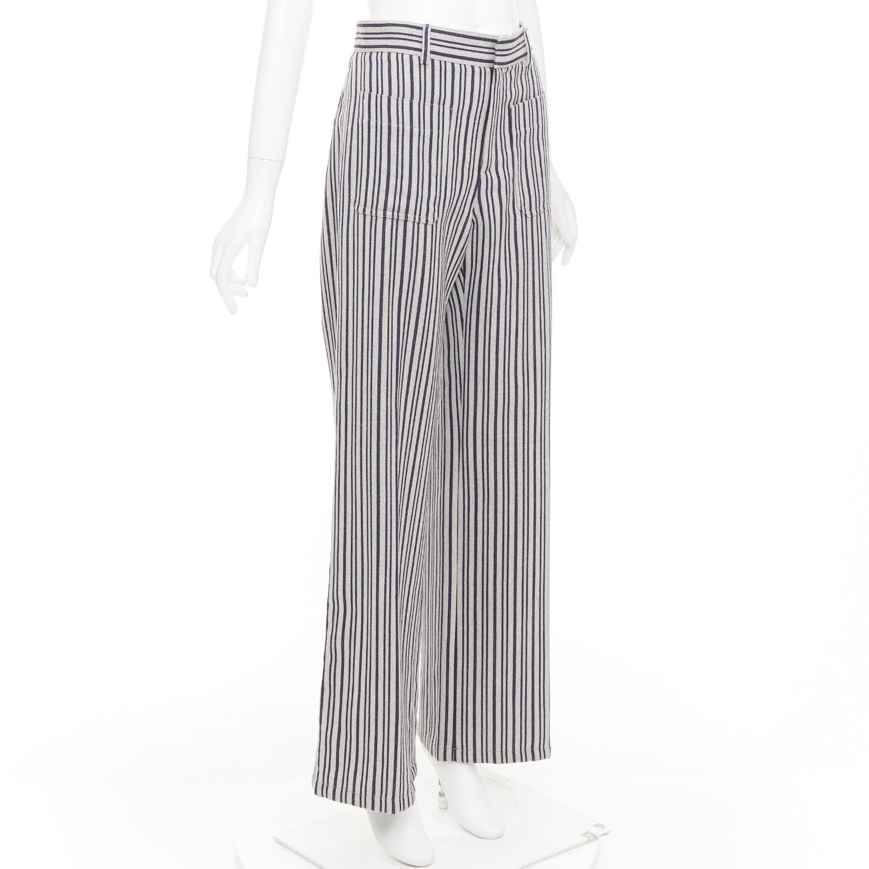 Dior CHRISTIAN DIOR grey navy virgin wool high waisted striped wide leg pants FR36 S Size 27" / US 4 / IT 40 - 3 Thumbnail