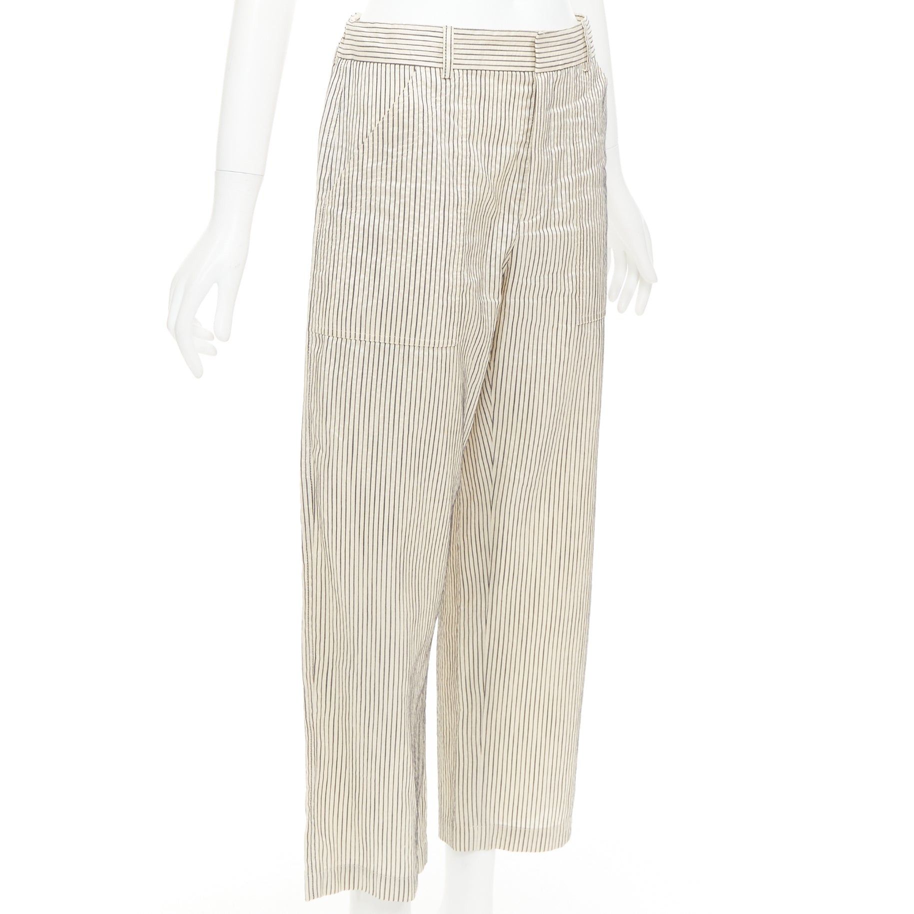 Dior CHRISTIAN DIOR beige navy silk cotton striped cropped wide pants FR36 S Size 27" / US 4 / IT 40 - 3 Thumbnail