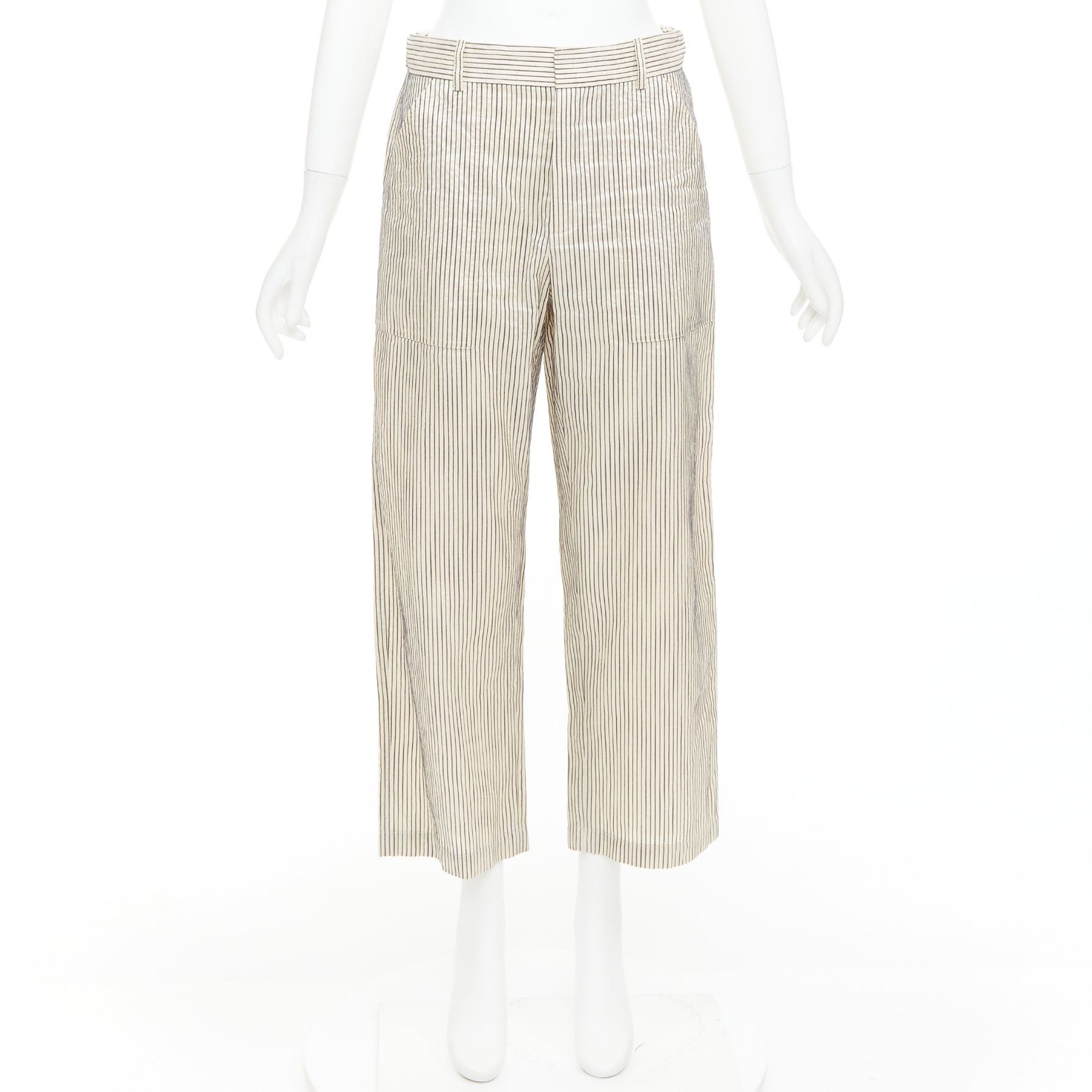 Dior CHRISTIAN DIOR beige navy silk cotton striped cropped wide pants FR36 S Size 27" / US 4 / IT 40 - 9 Thumbnail