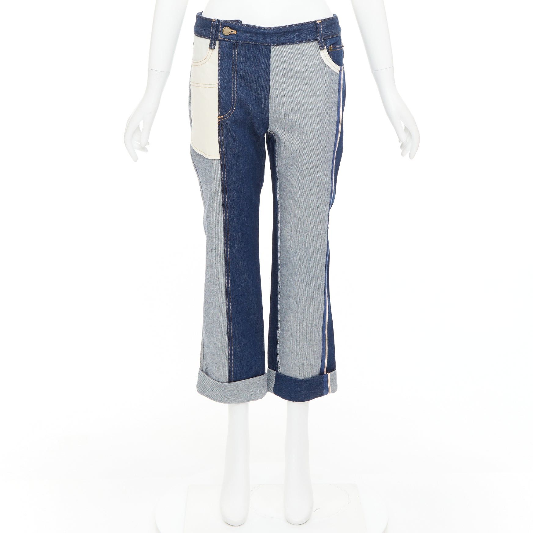 MONSE MONSE dark light blue reversed deconstructed patchwork flare cropped jeans US2 S Size 27" / US 4 / IT 40 - 9 Thumbnail