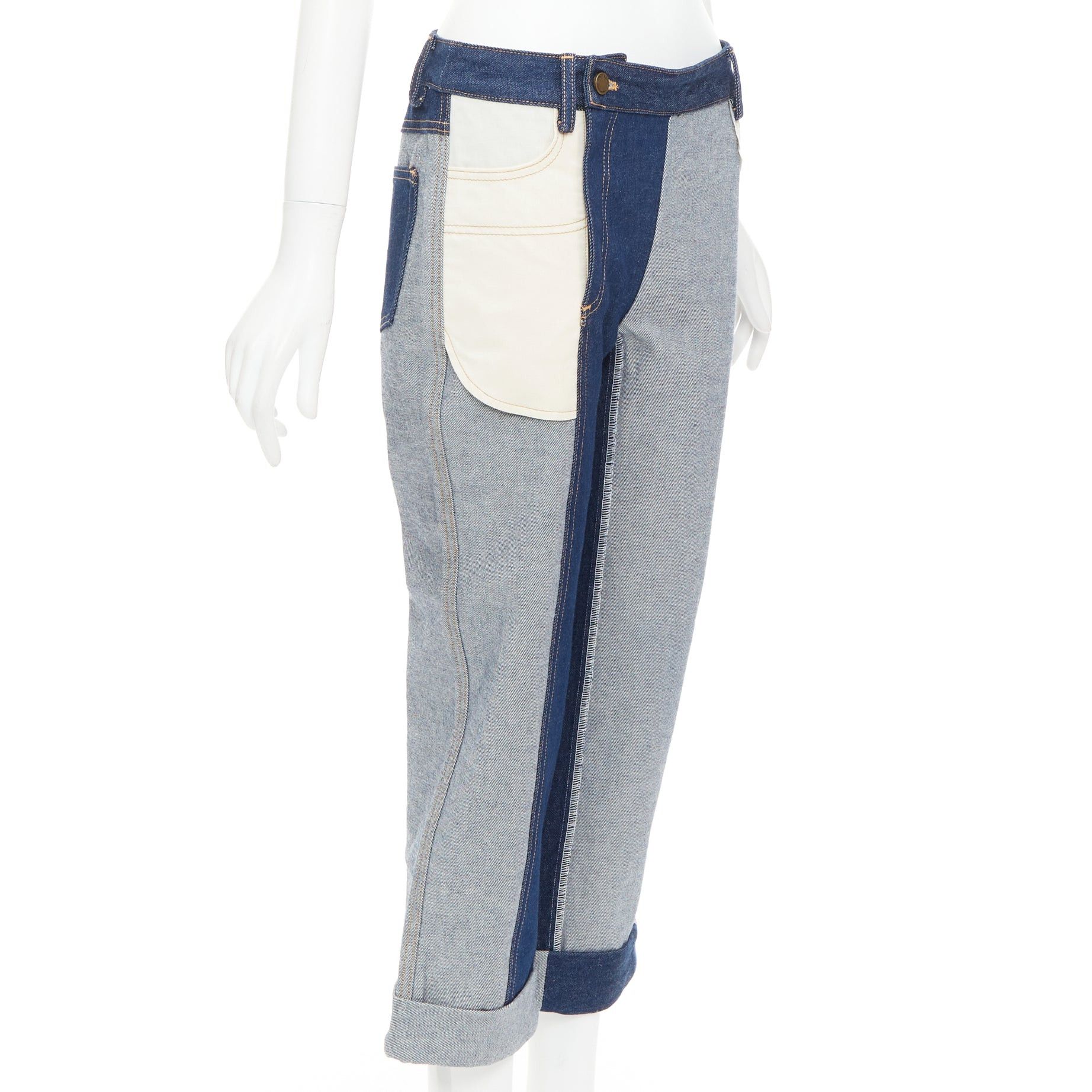 MONSE MONSE dark light blue reversed deconstructed patchwork flare cropped jeans US2 S Size 27" / US 4 / IT 40 - 3 Thumbnail