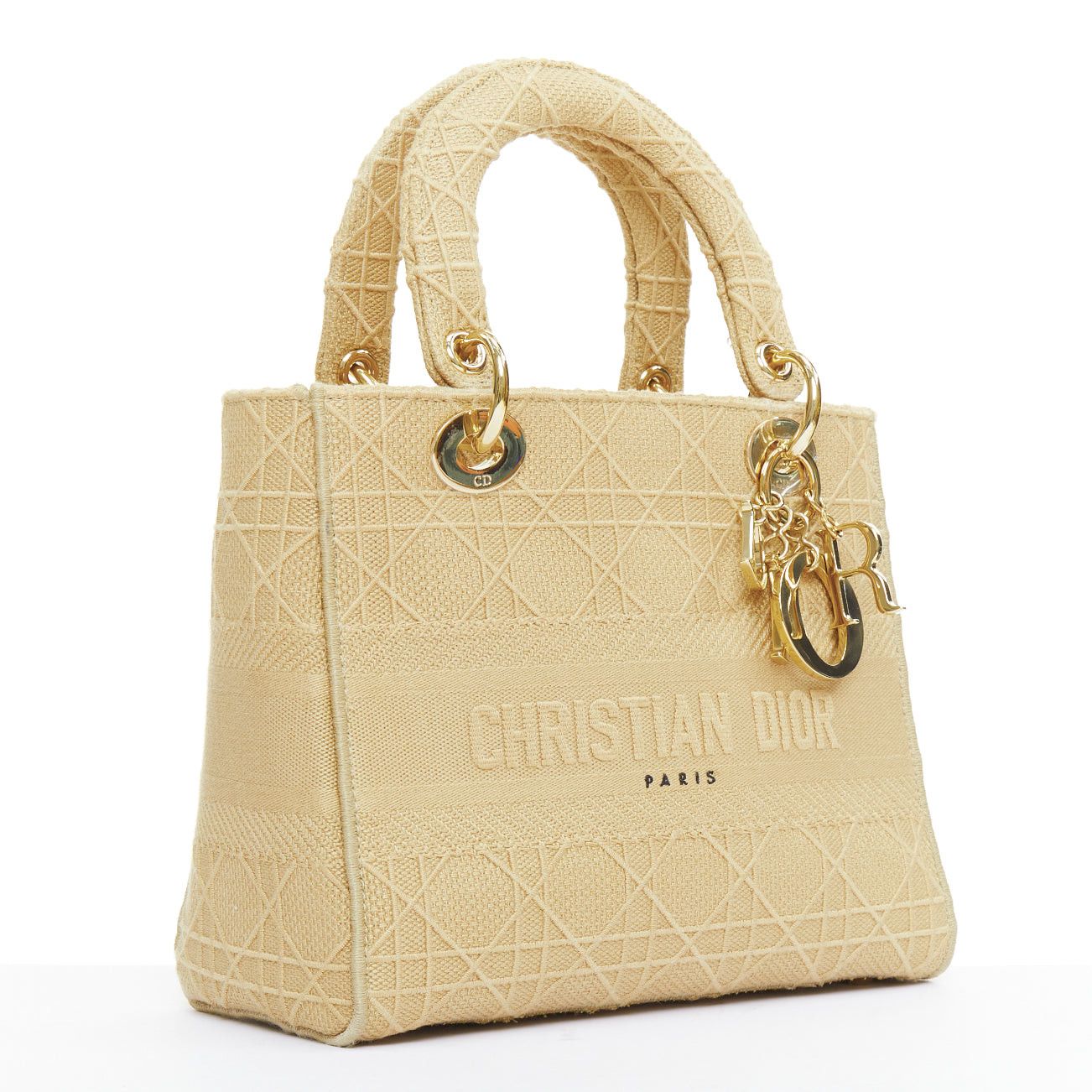Dior CHRISTIAN DIOR Lady D-Lite Medium Cannage beige canvas CD charm top handle bag Size ONE SIZE - 3 Thumbnail