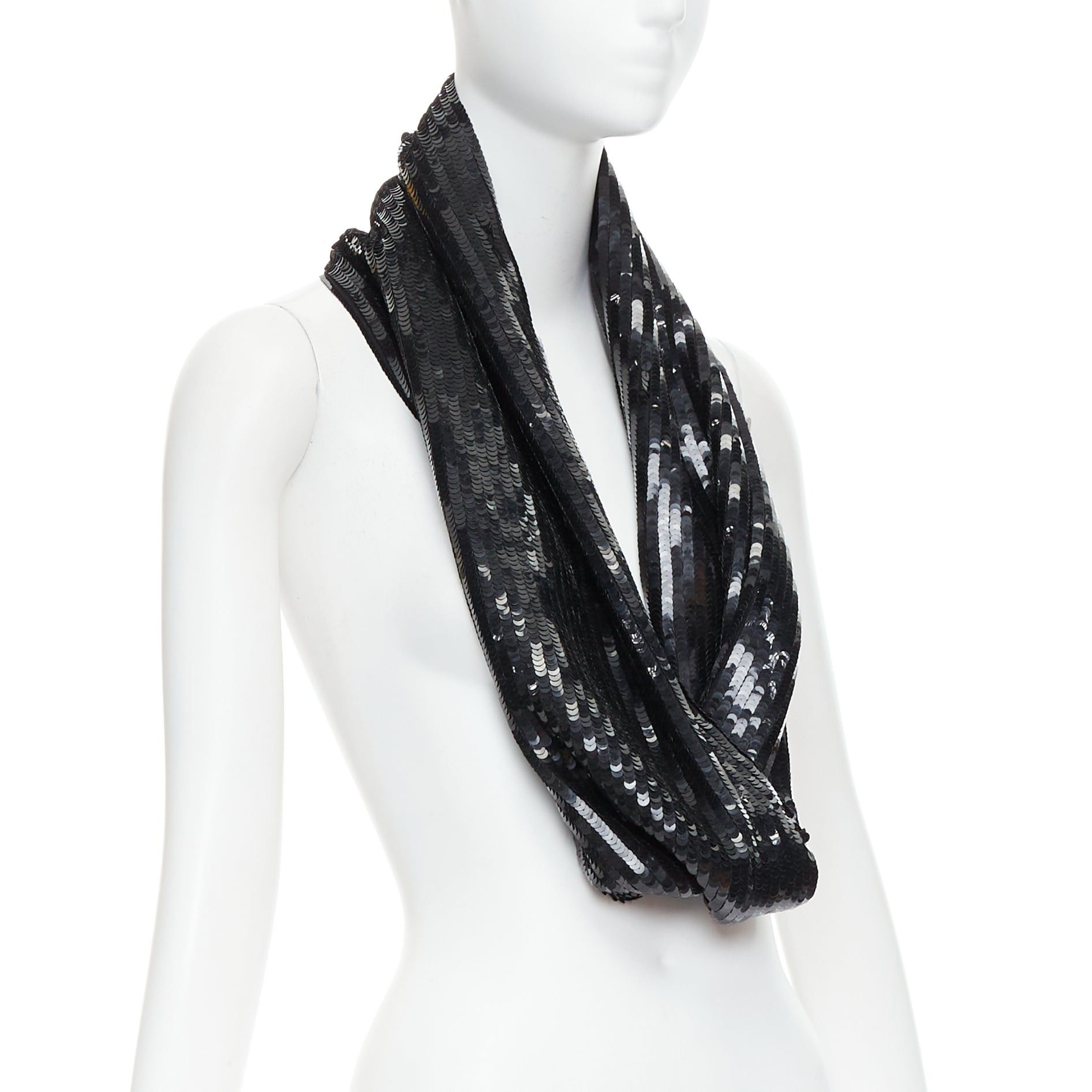 MONSE MONSE 100% silk black sequinned wrap around infinity circle scarf Size ONE SIZE - 3 Thumbnail