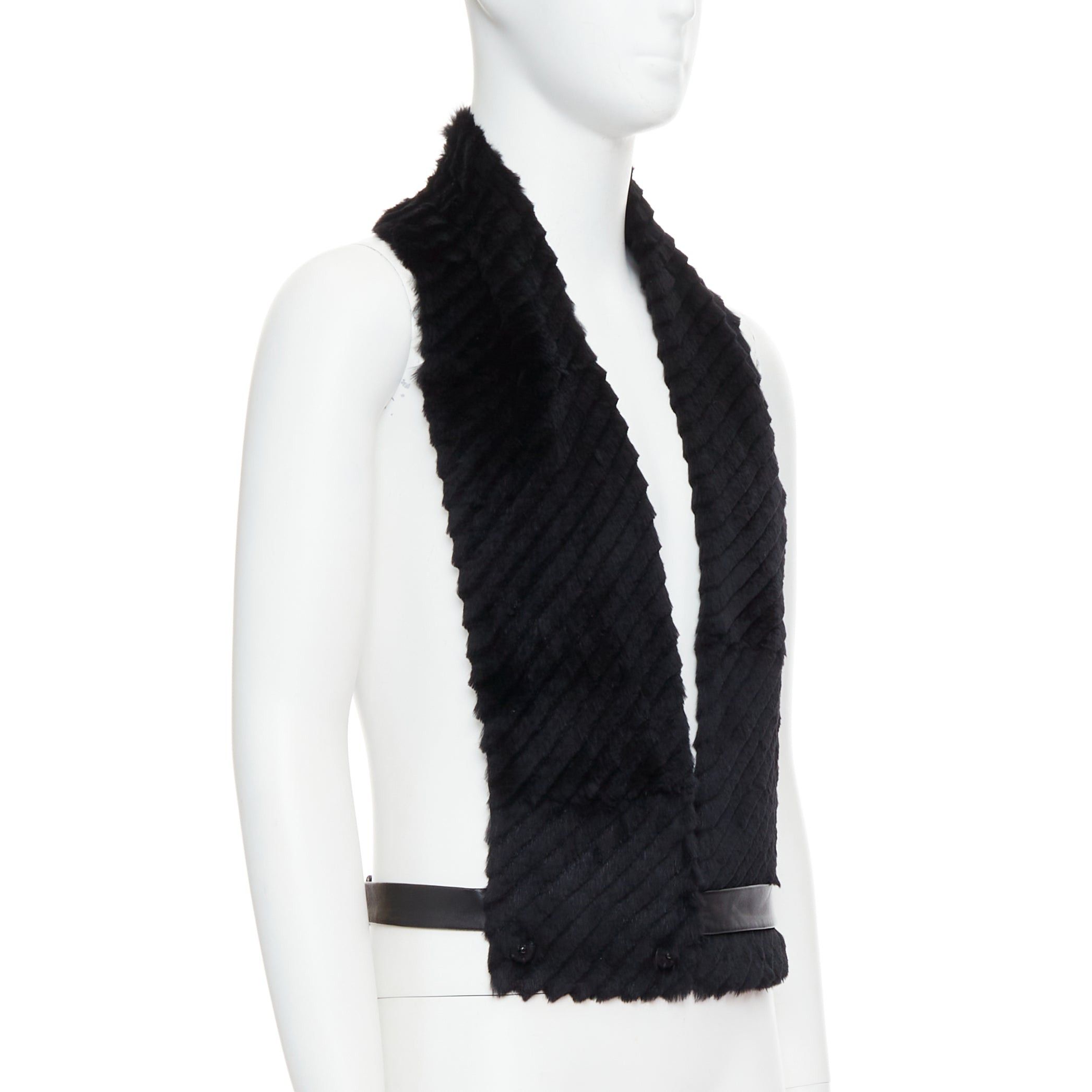 Versace VERSACE black textured rabbit fur soft leather belt shawl scarf vest Size ONE SIZE - 3 Thumbnail