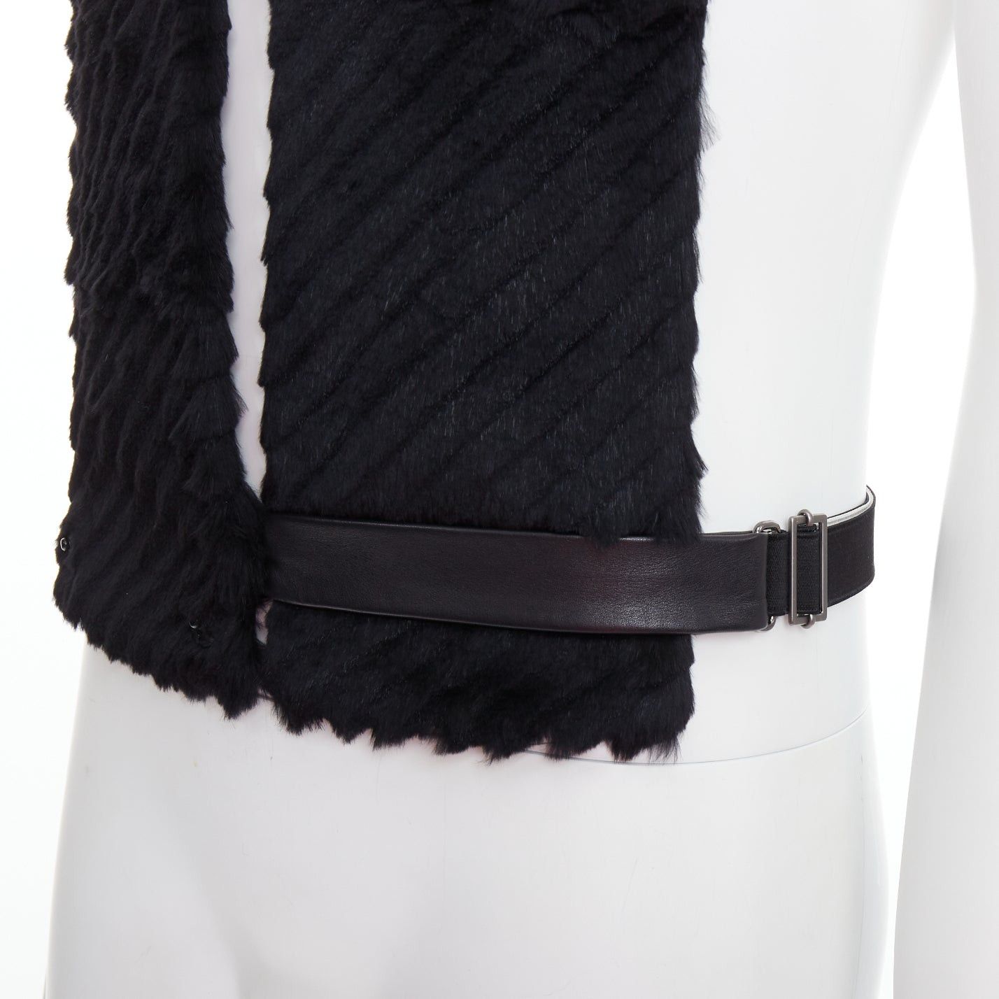 Versace VERSACE black textured rabbit fur soft leather belt shawl scarf vest Size ONE SIZE - 2 Thumbnail