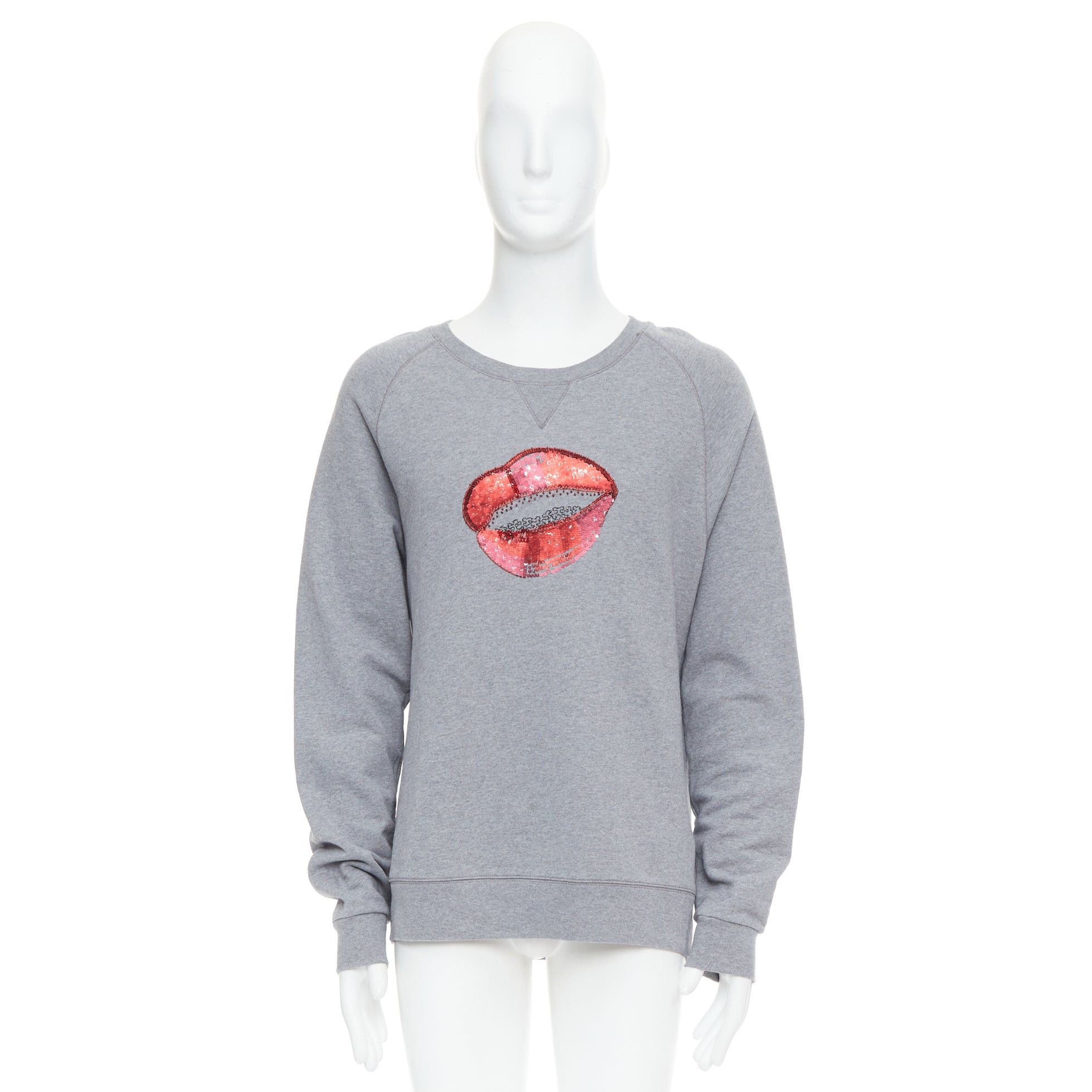 Dries Van Noten DRIES VAN NOTEN grey cotton red sequins lip crew pullover top L Size US L / EU 52-54 / 3 - 9 Thumbnail