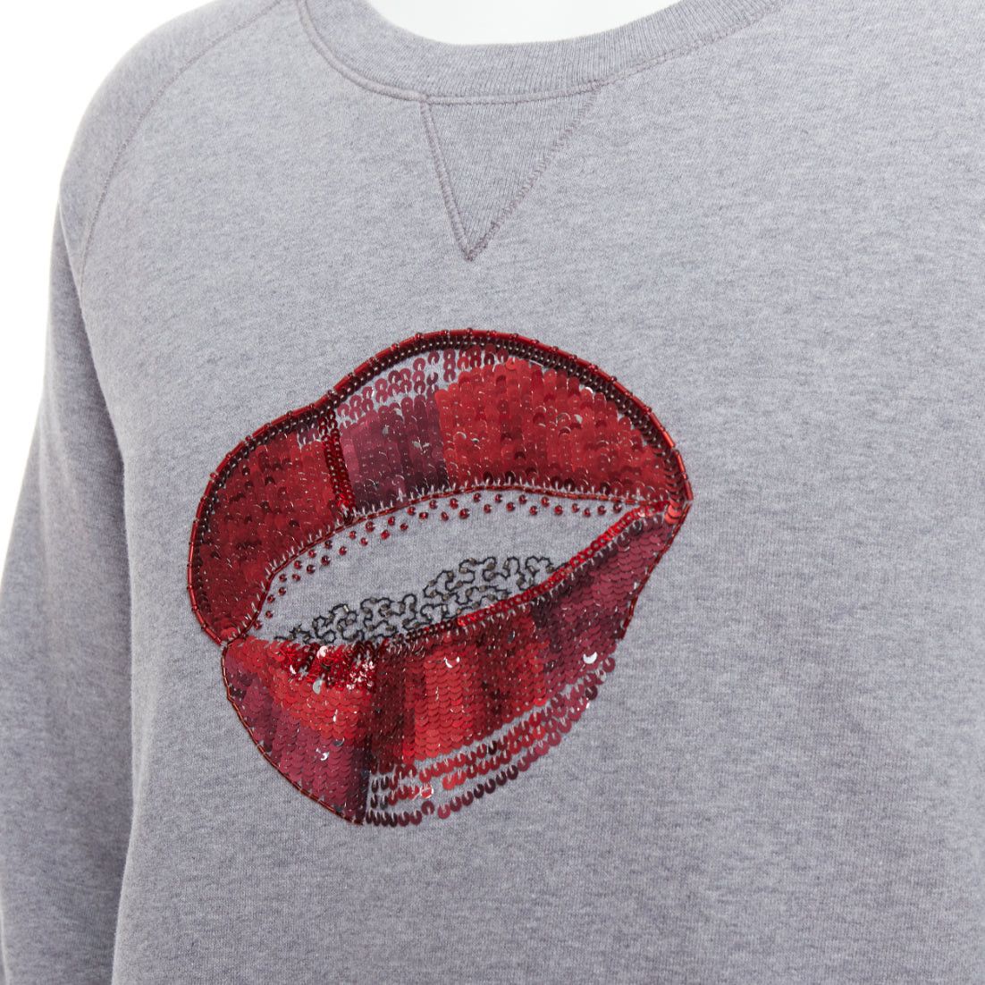 Dries Van Noten DRIES VAN NOTEN grey cotton red sequins lip crew pullover top L Size US L / EU 52-54 / 3 - 2 Thumbnail