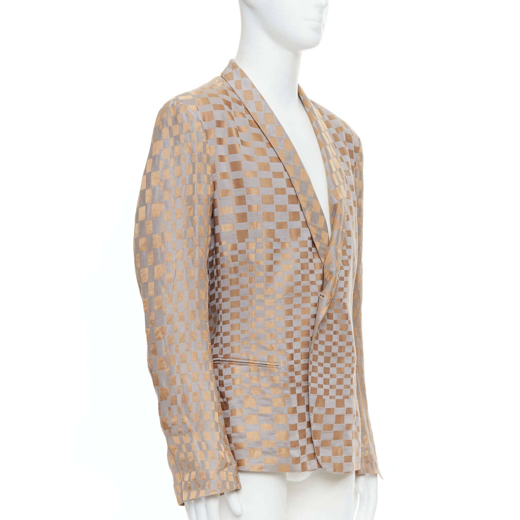 Haider Ackermann rare HAIDER ACKERMANN 2015 Runway gold silver checkered linen silk blazer XL Size 52R - 3 Thumbnail