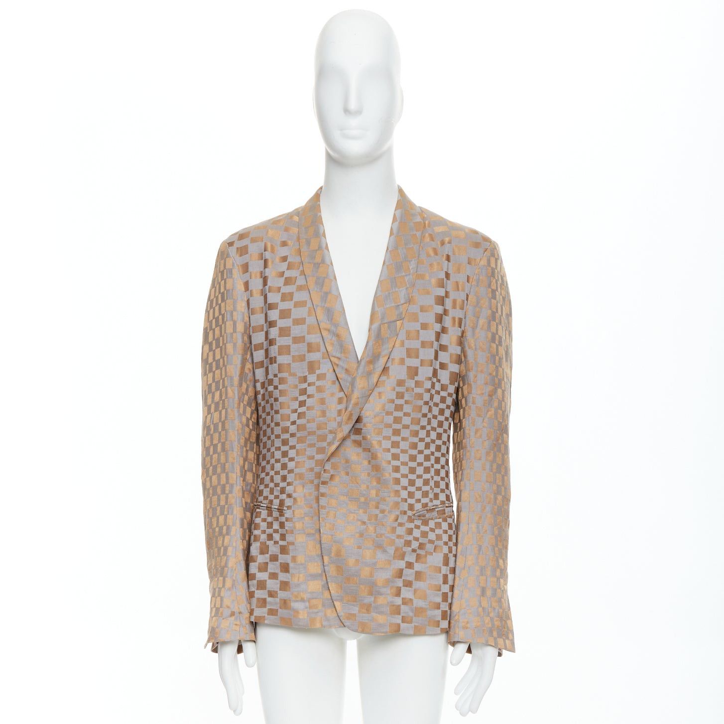 Haider Ackermann rare HAIDER ACKERMANN 2015 Runway gold silver checkered linen silk blazer XL Size 52R - 9 Thumbnail