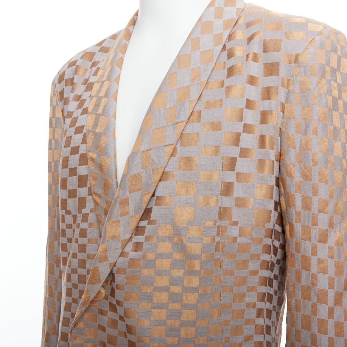 Haider Ackermann rare HAIDER ACKERMANN 2015 Runway gold silver checkered linen silk blazer XL Size 52R - 2 Thumbnail