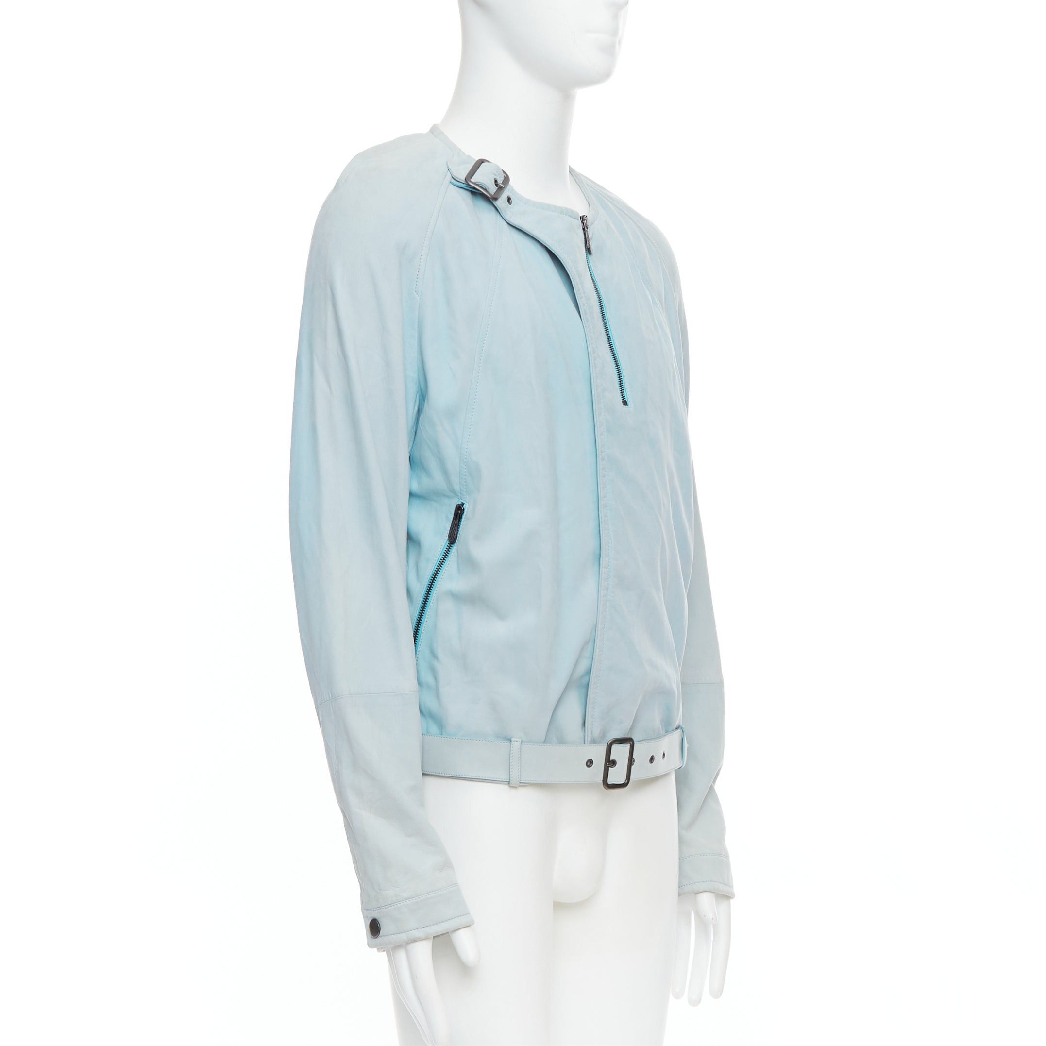 Bottega Veneta BOTTEGA VENETA light blue soft leather off centre biker jacket IT50 L Size US L / EU 52-54 / 3 - 4 Thumbnail
