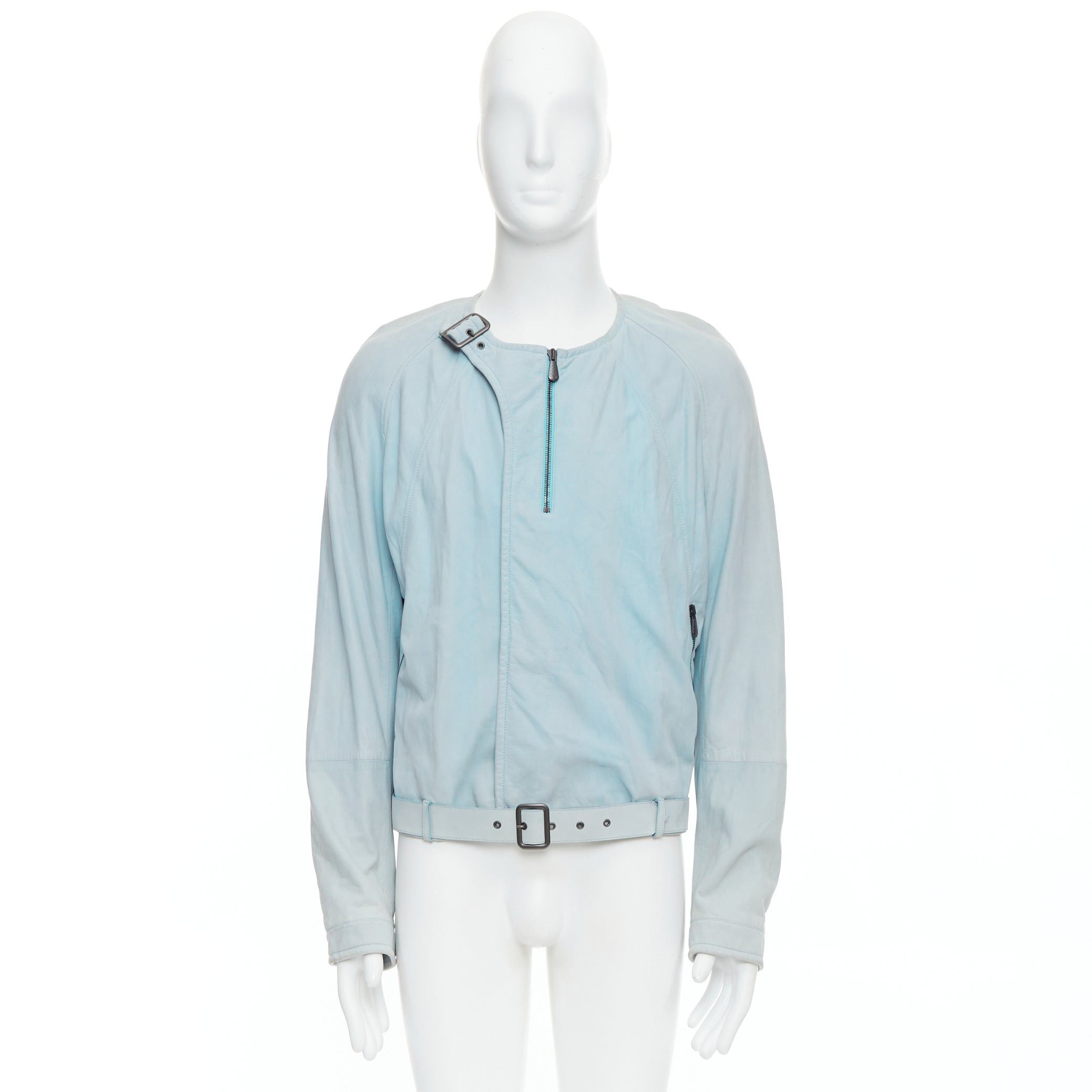 Bottega Veneta BOTTEGA VENETA light blue soft leather off centre biker jacket IT50 L Size US L / EU 52-54 / 3 - 10 Thumbnail