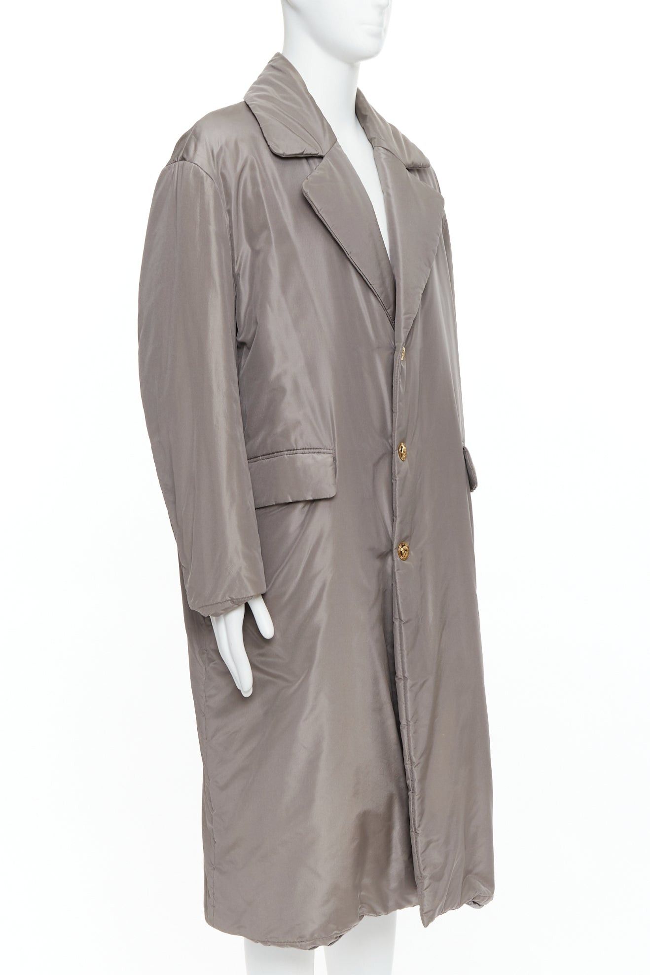 Versace VERSACE 100% silk stone grey padded gold Medusa buttons long belted coat IT50 L Size US L / EU 52-54 / 3 - 3 Thumbnail