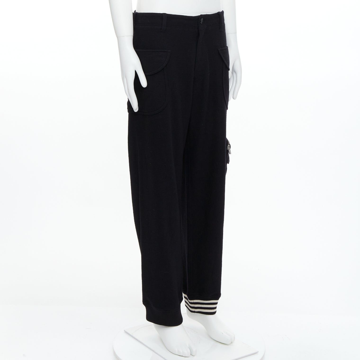 Yohji Yamamoto Y3 black wooly silver zip stripes opening asymmetric cargo joggers M Size US 30 / EU 46 - 3 Thumbnail