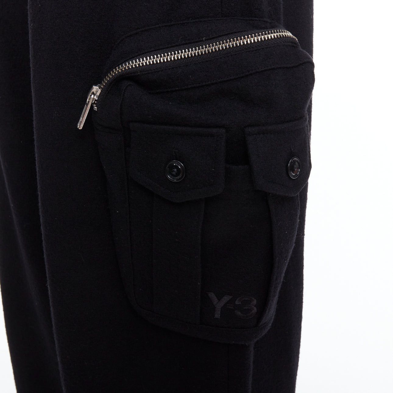 Yohji Yamamoto Y3 black wooly silver zip stripes opening asymmetric cargo joggers M Size US 30 / EU 46 - 2 Thumbnail