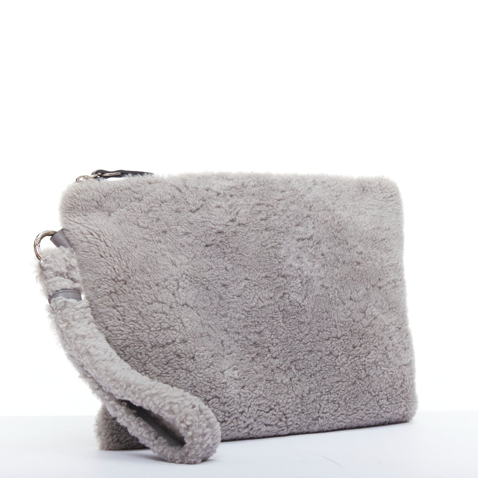 Ermenegildo Zegna ERMENEGILDO ZEGNA grey lambskin shearling wrist strap zip clutch bag Size ONE SIZE - 3 Thumbnail