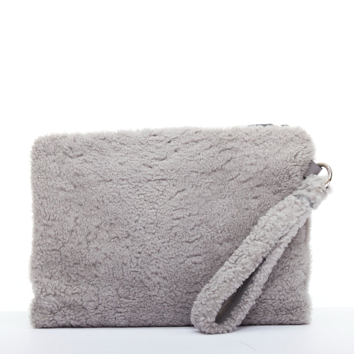Ermenegildo Zegna ERMENEGILDO ZEGNA grey lambskin shearling wrist strap zip clutch bag Size ONE SIZE - 4 Thumbnail