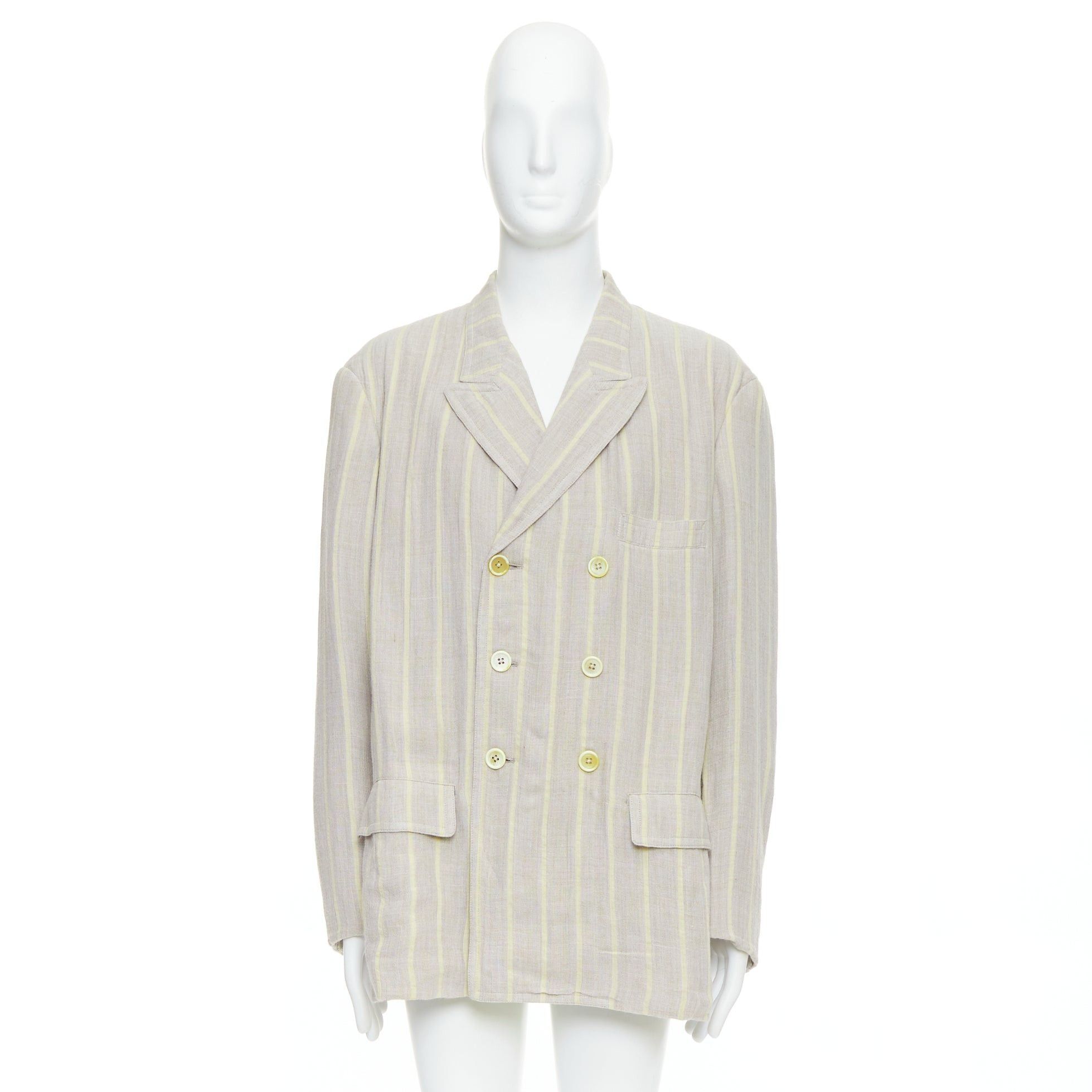Yohji Yamamoto YOHJI YAMAMOTO stone grey cream striped rayon linen double breasted blazer M Size 48R - 10 Thumbnail