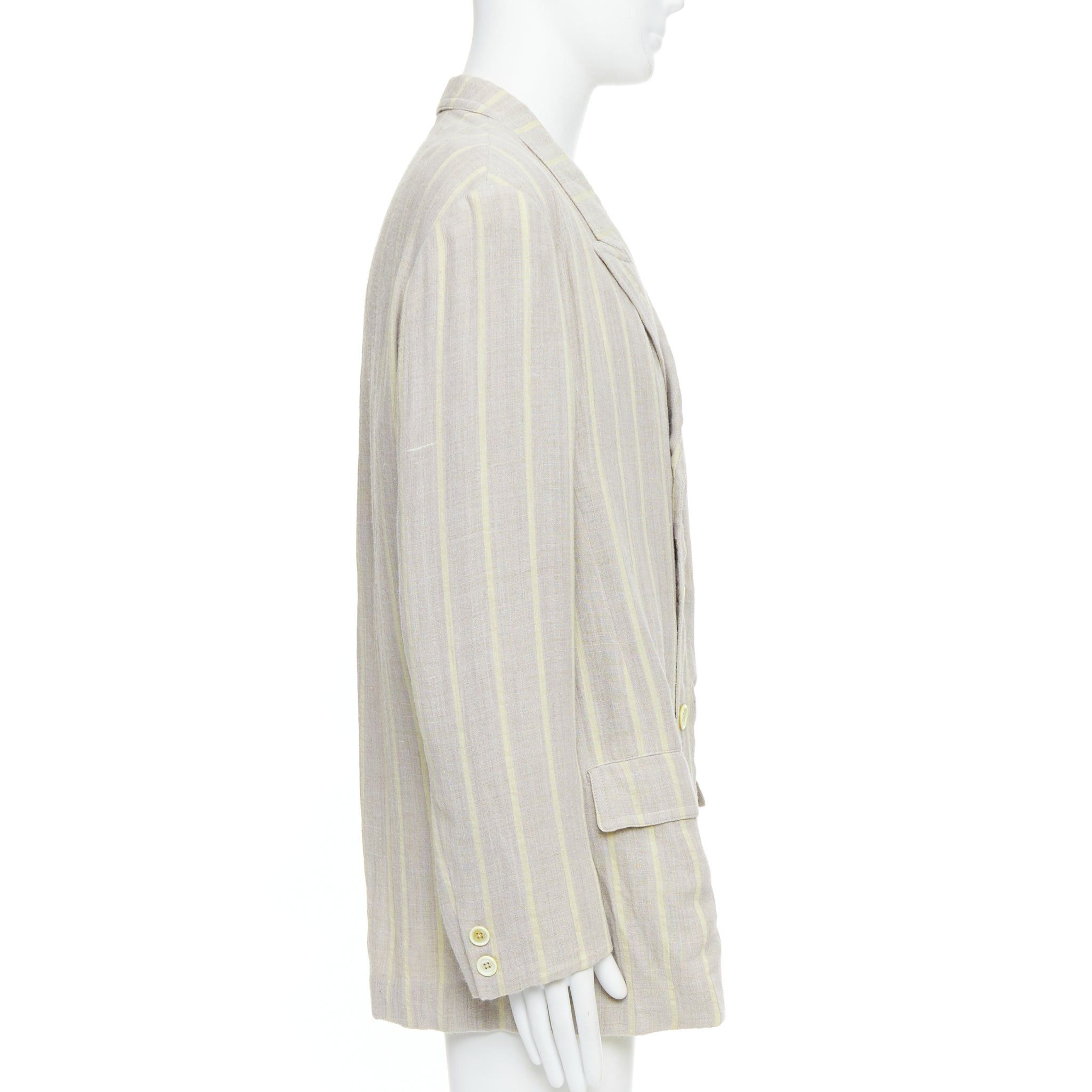 Yohji Yamamoto YOHJI YAMAMOTO stone grey cream striped rayon linen double breasted blazer M Size 48R - 4 Thumbnail